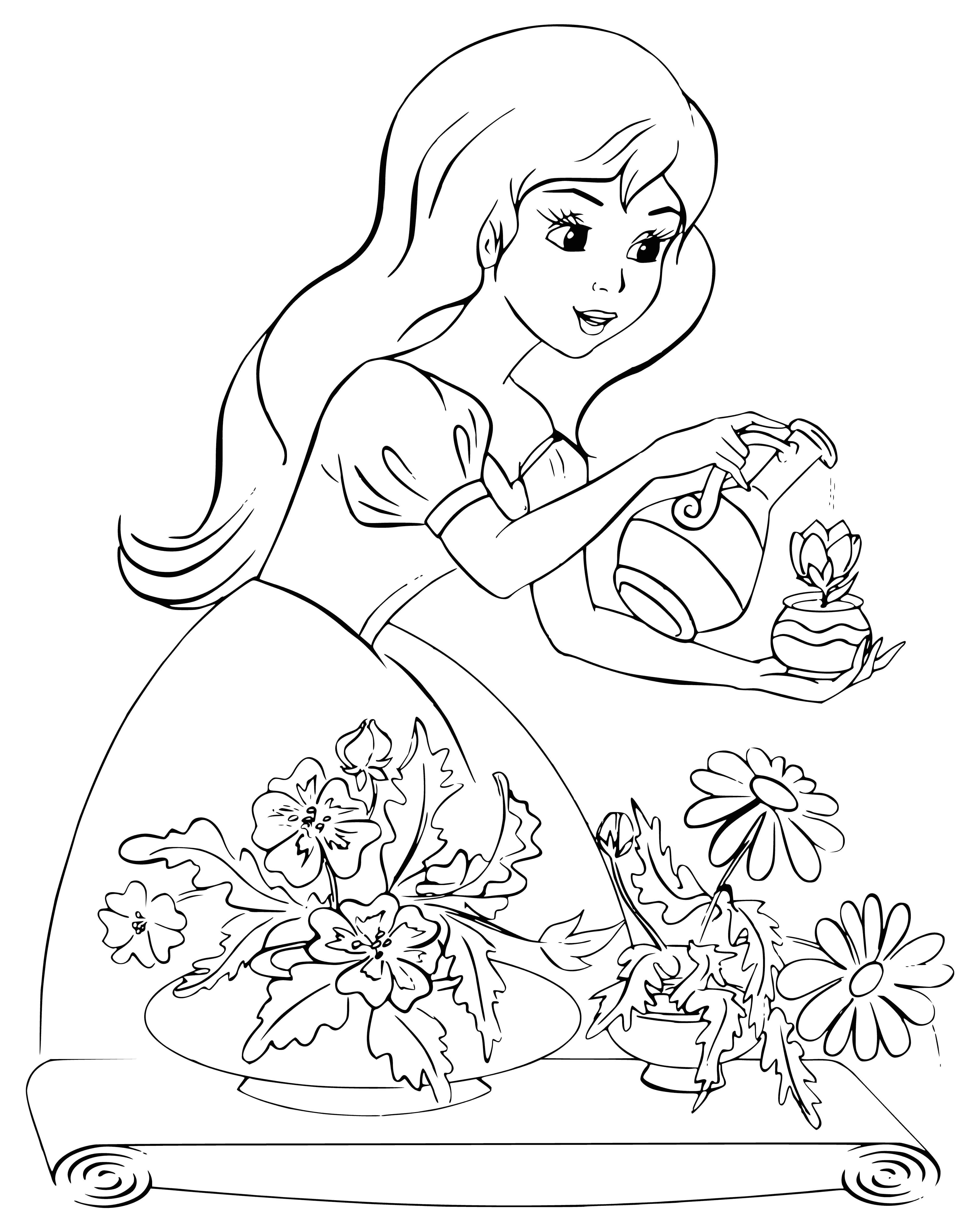 coloring page: Princess waters flowers in garden with watering can, enjoying the colors of the various blooms.