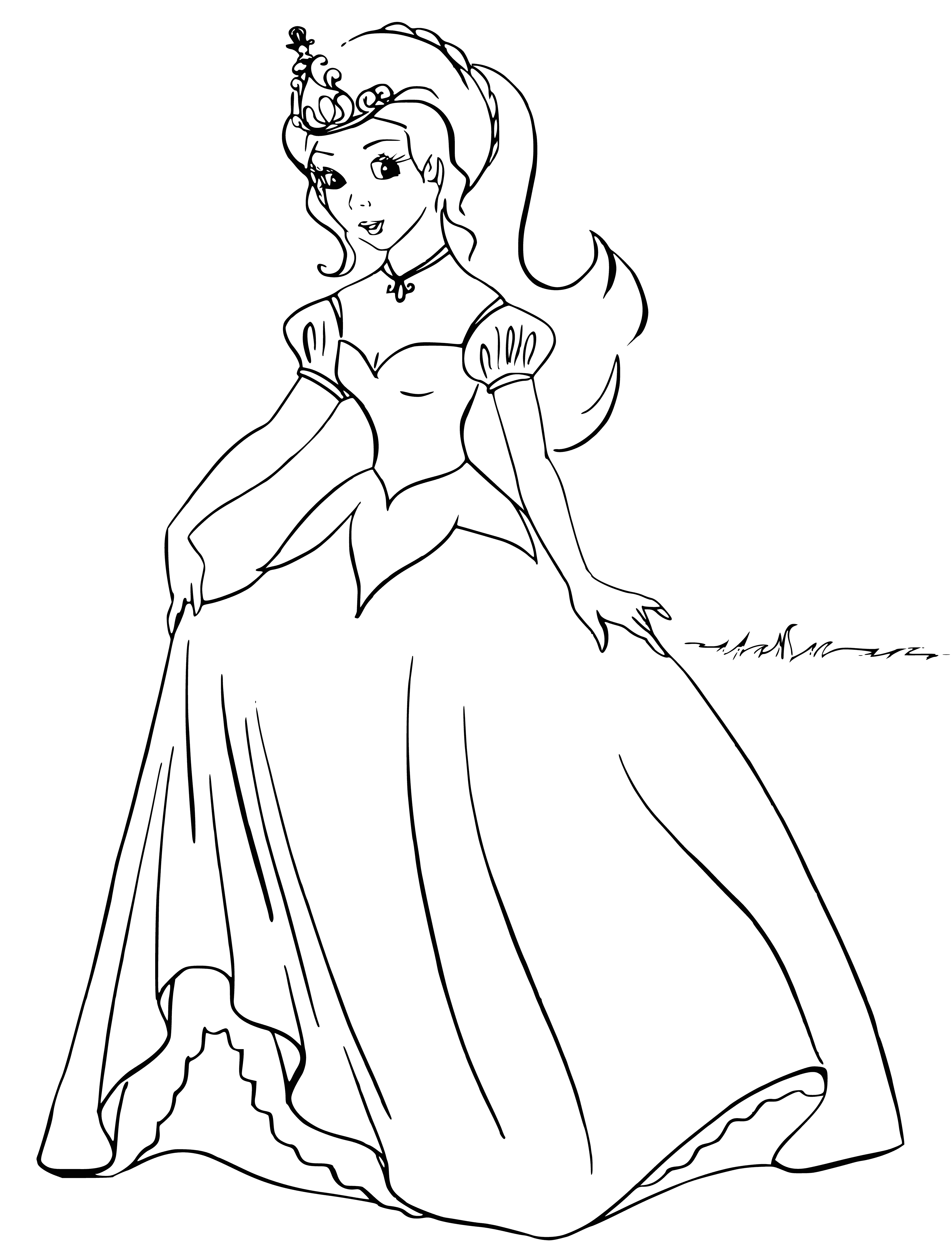 coloring page: Young princess stands before castle in white dress and blue cape. Wears headband, yellow sash and white gloves. #princess