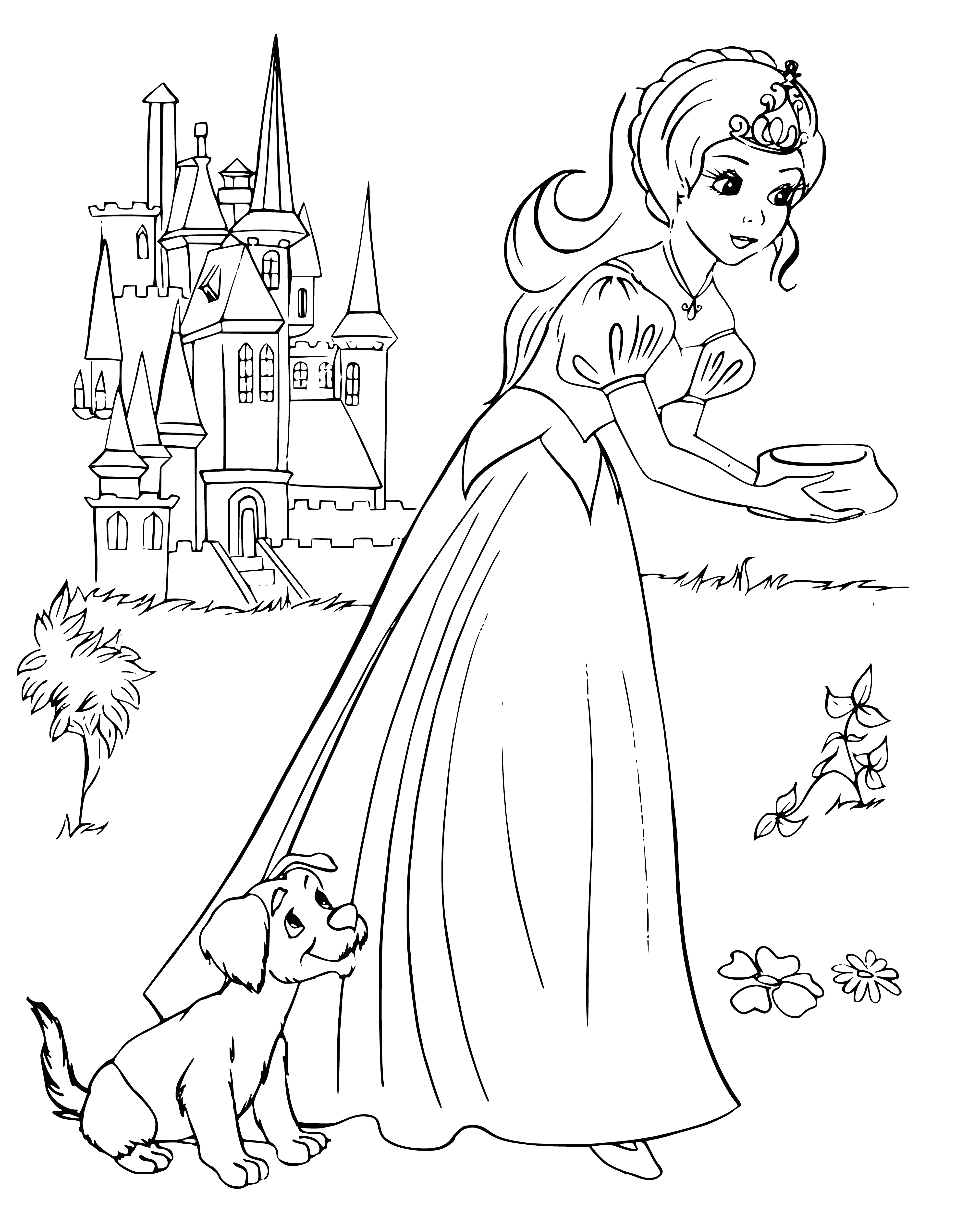 coloring page: Princess kneels to feed small puppy with bowl of food in her left hand. #animalfriend