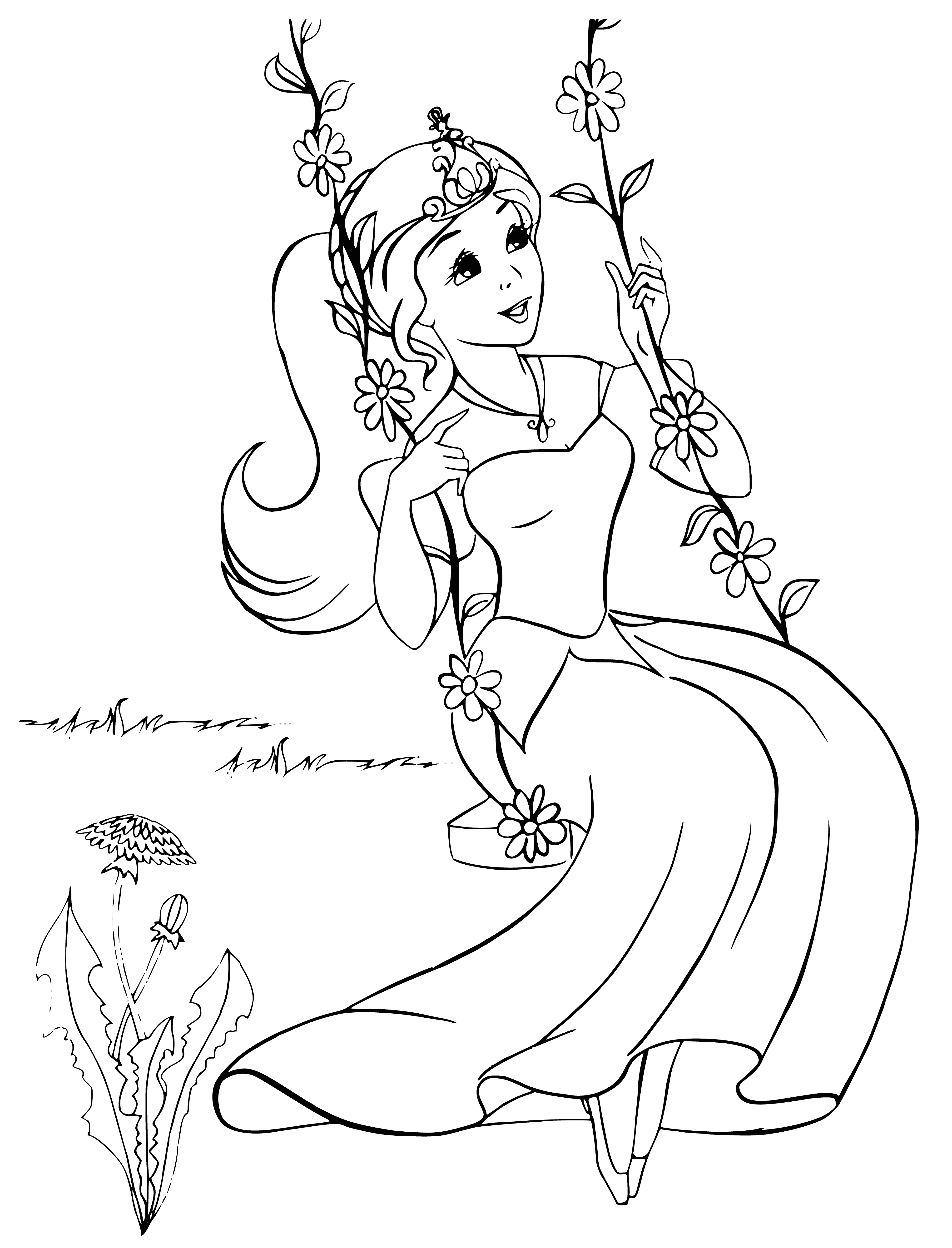 coloring page: Princess smiles on swing wearing crown & dress; looks deeply content.