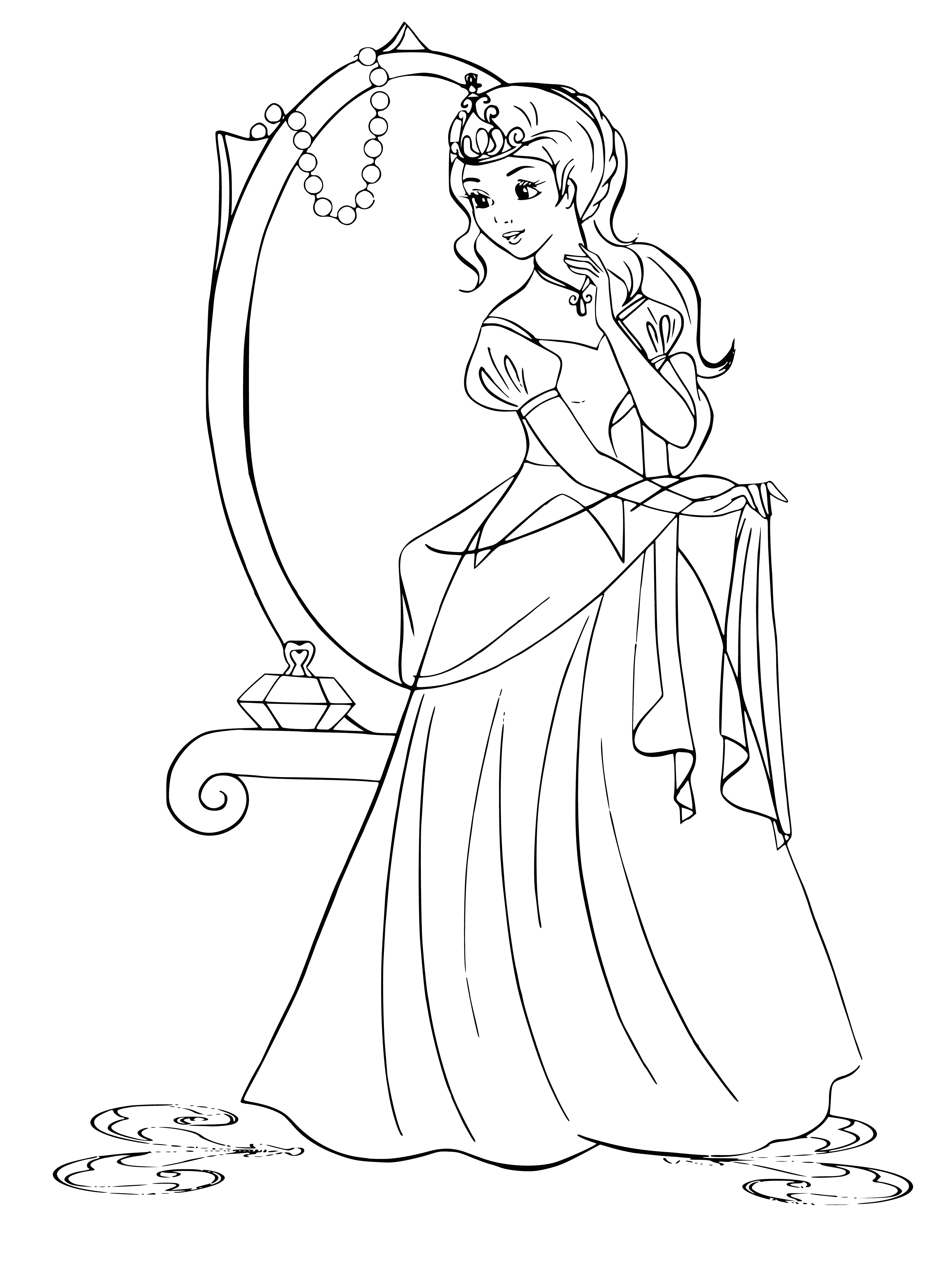 coloring page: Princess admires her beautiful gown and tiara, feeling excited and happy.