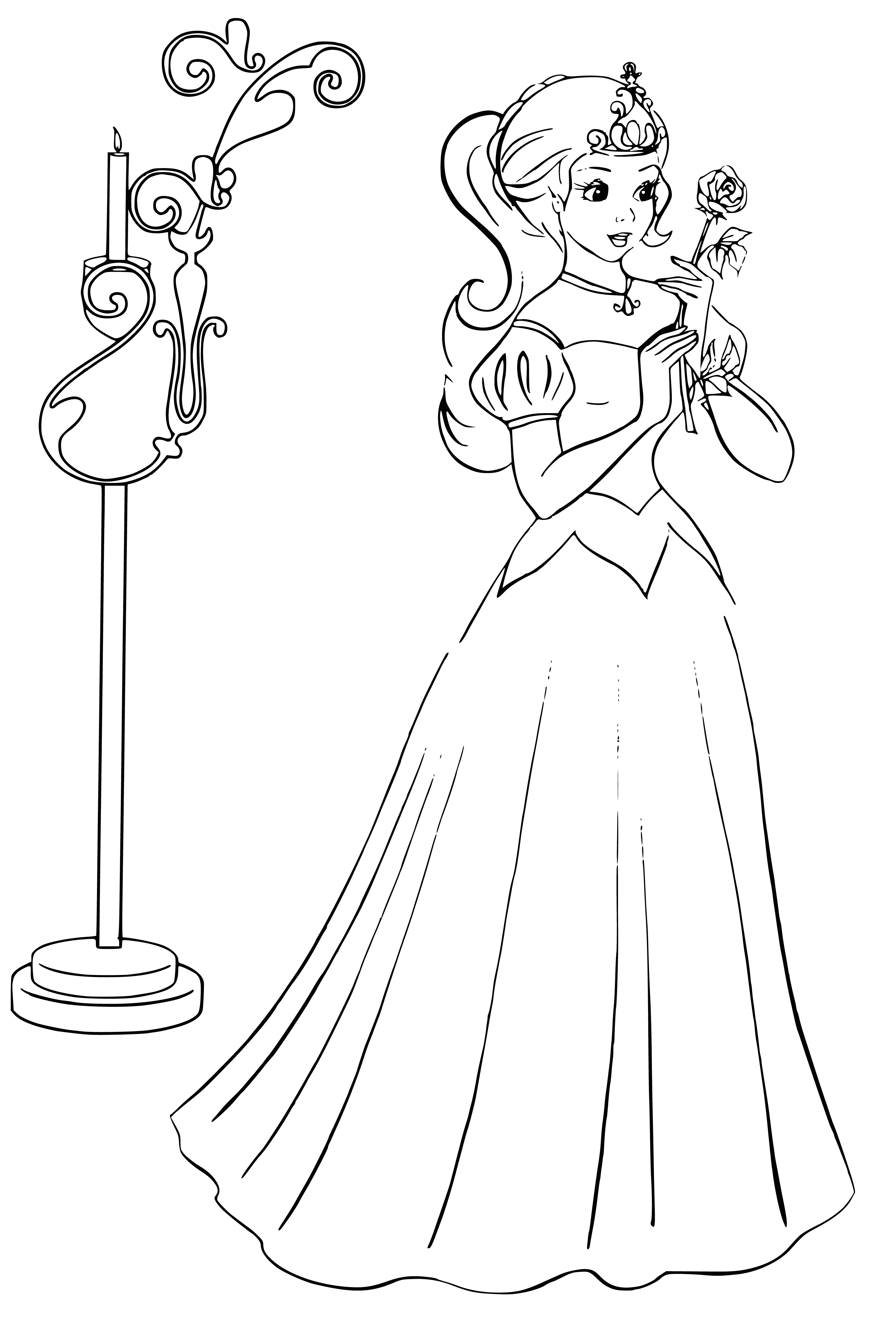 coloring page: Young princess in a sunny field holding a flower, wearing a white dress and a golden crown.