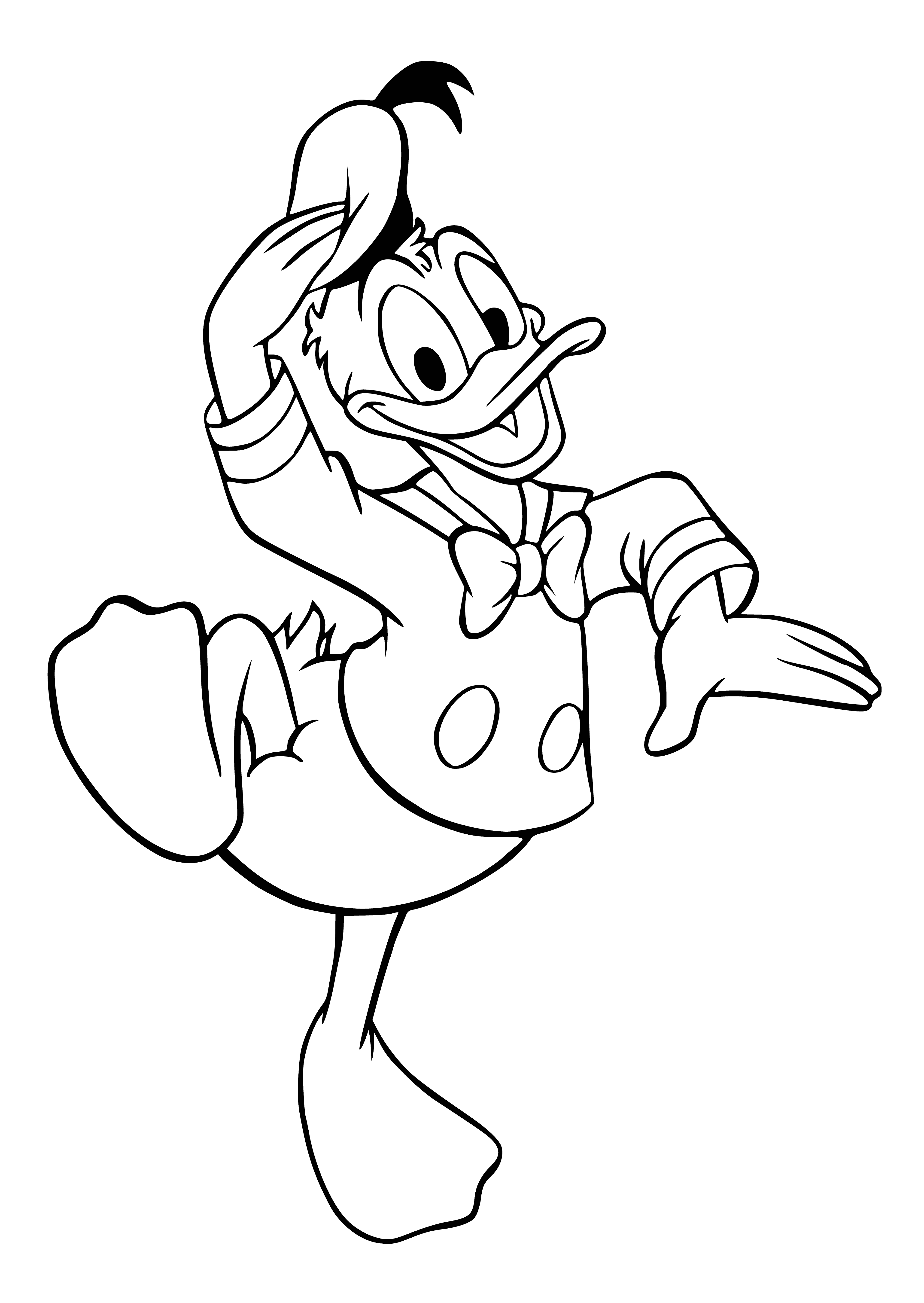 coloring page: Mickey and Donald smile and face the viewer, holding a box. Blue stars provide the backdrop for their coloring page with the greeting "Hi Donald!"