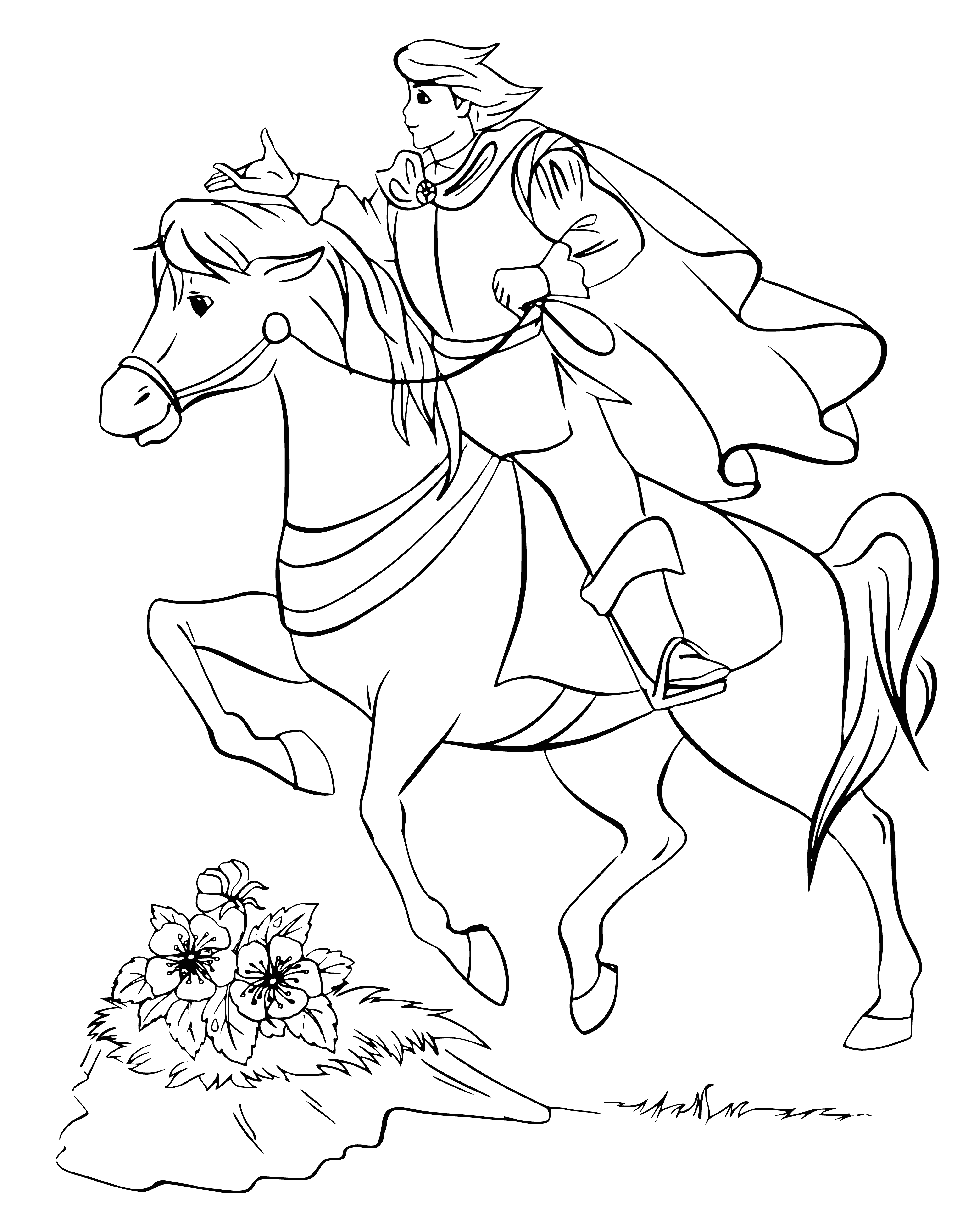 coloring page: Young princess stands in field with horses in white gown and crown; sash reads "Princess of Horses." Excited with horseshoe in hand.