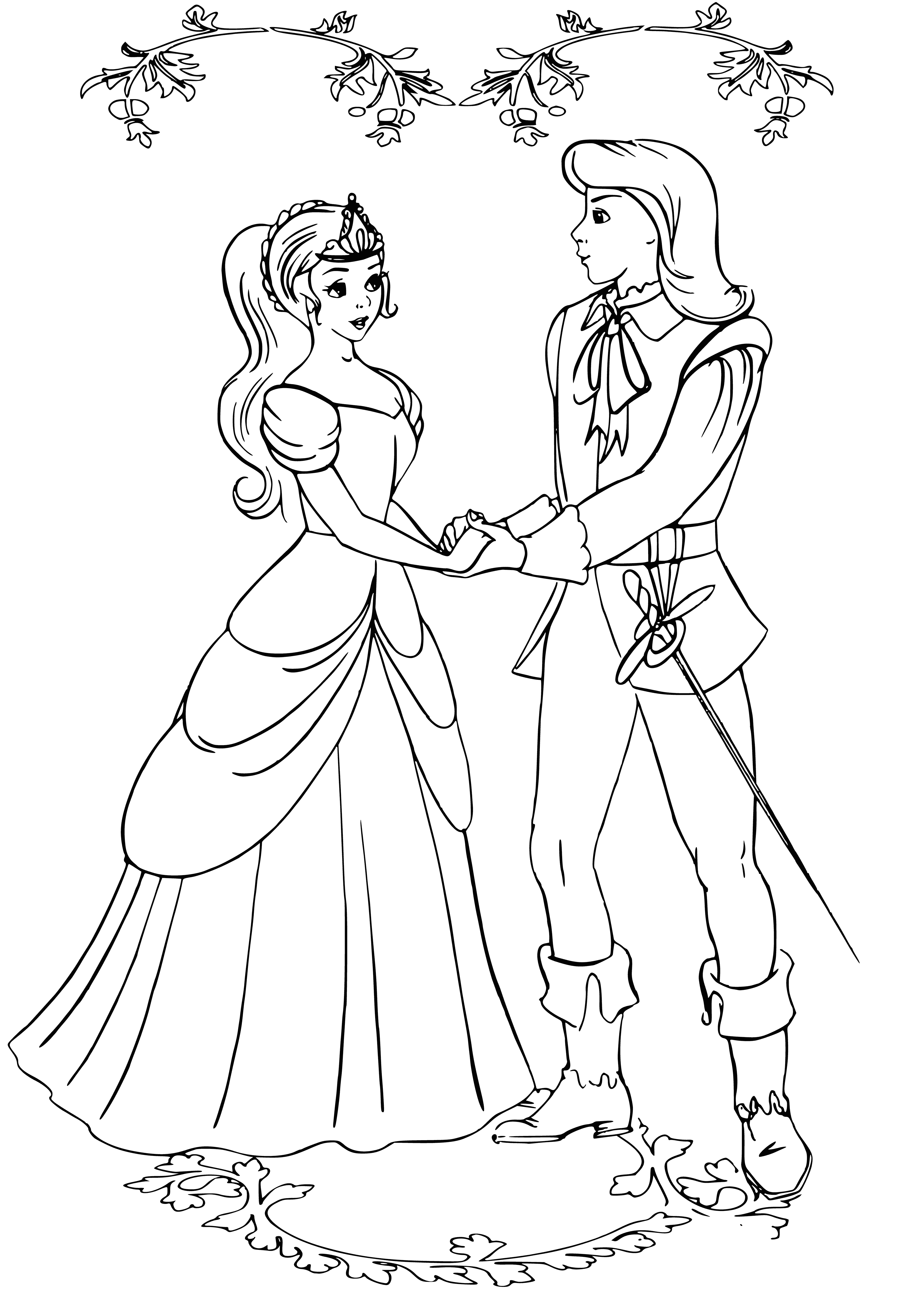 coloring page: A young princess in a glittery pink dress, with a tiara and fan in hand.