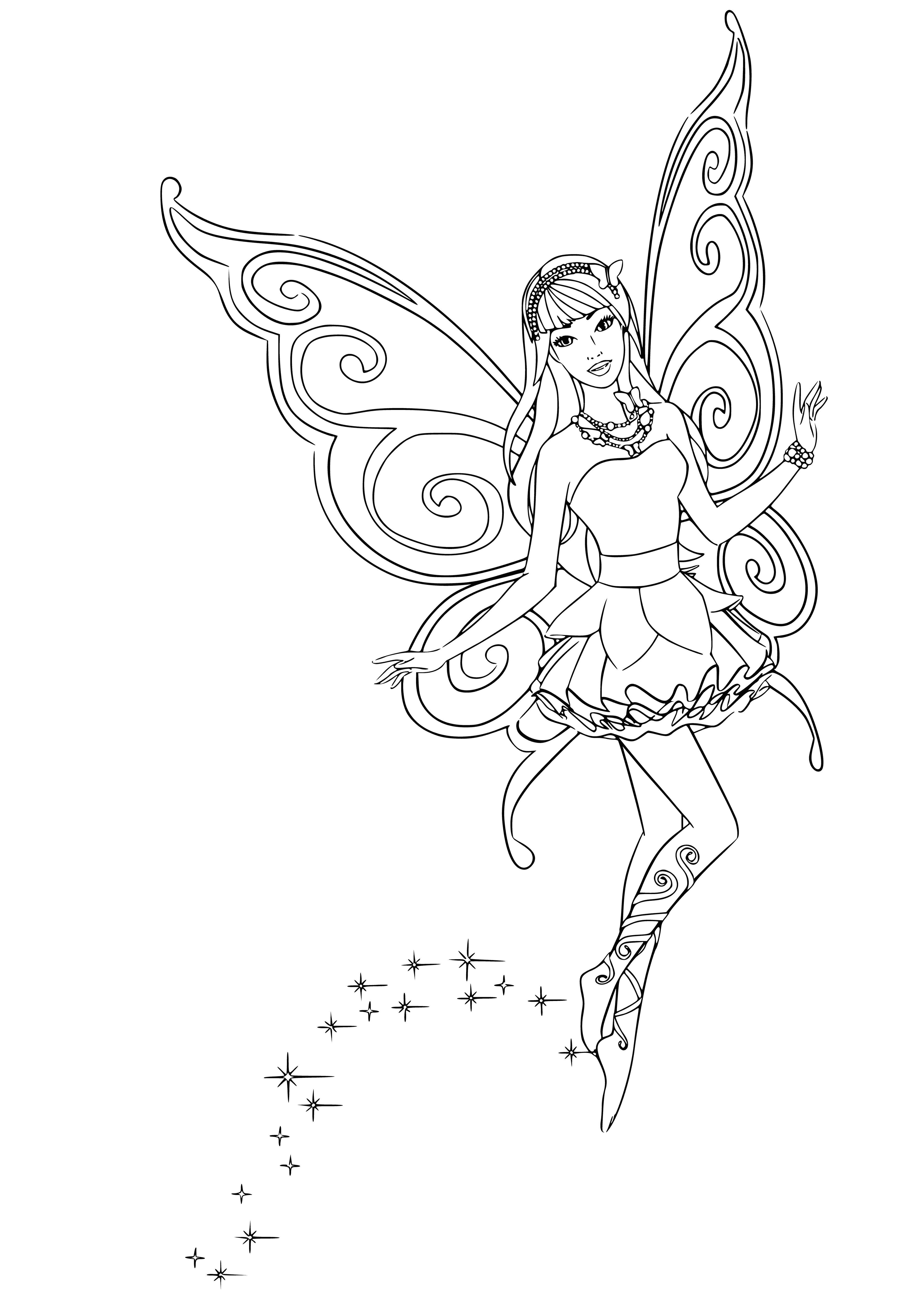 coloring page: Fairy Barbie doll flies in garden wearing purple & yellow dress with wings, holding wand.
