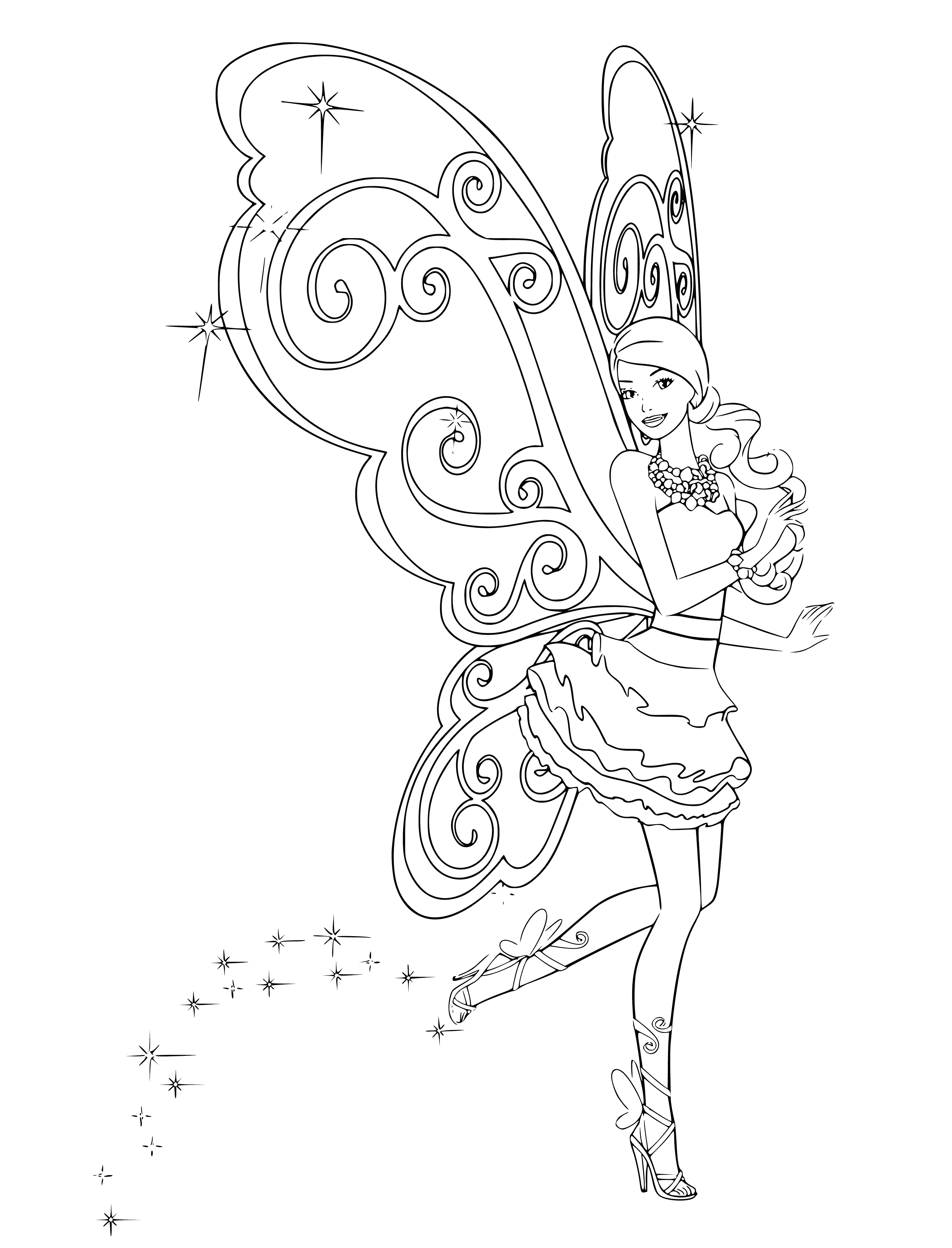 coloring page: Fairy Barbie has long blonde hair with a pink streak, wears a purple & pink dress w/ fairy wings, and holds a magic wand w/ star at top.