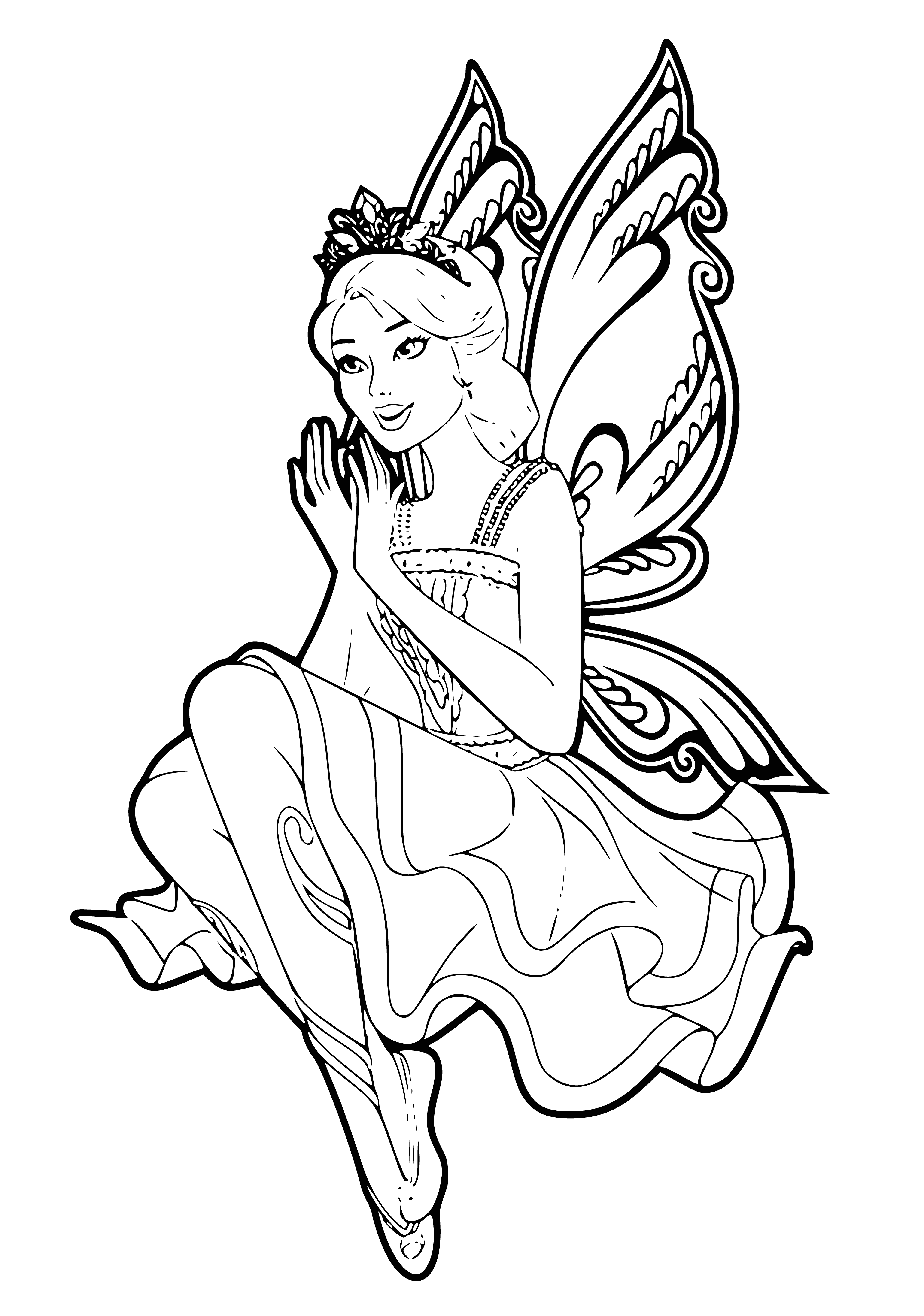 coloring page: Fairy princess Catania is a beautiful doll with blonde hair, blue eyes, a pink dress, purple wings, wand & crown. #Barbie