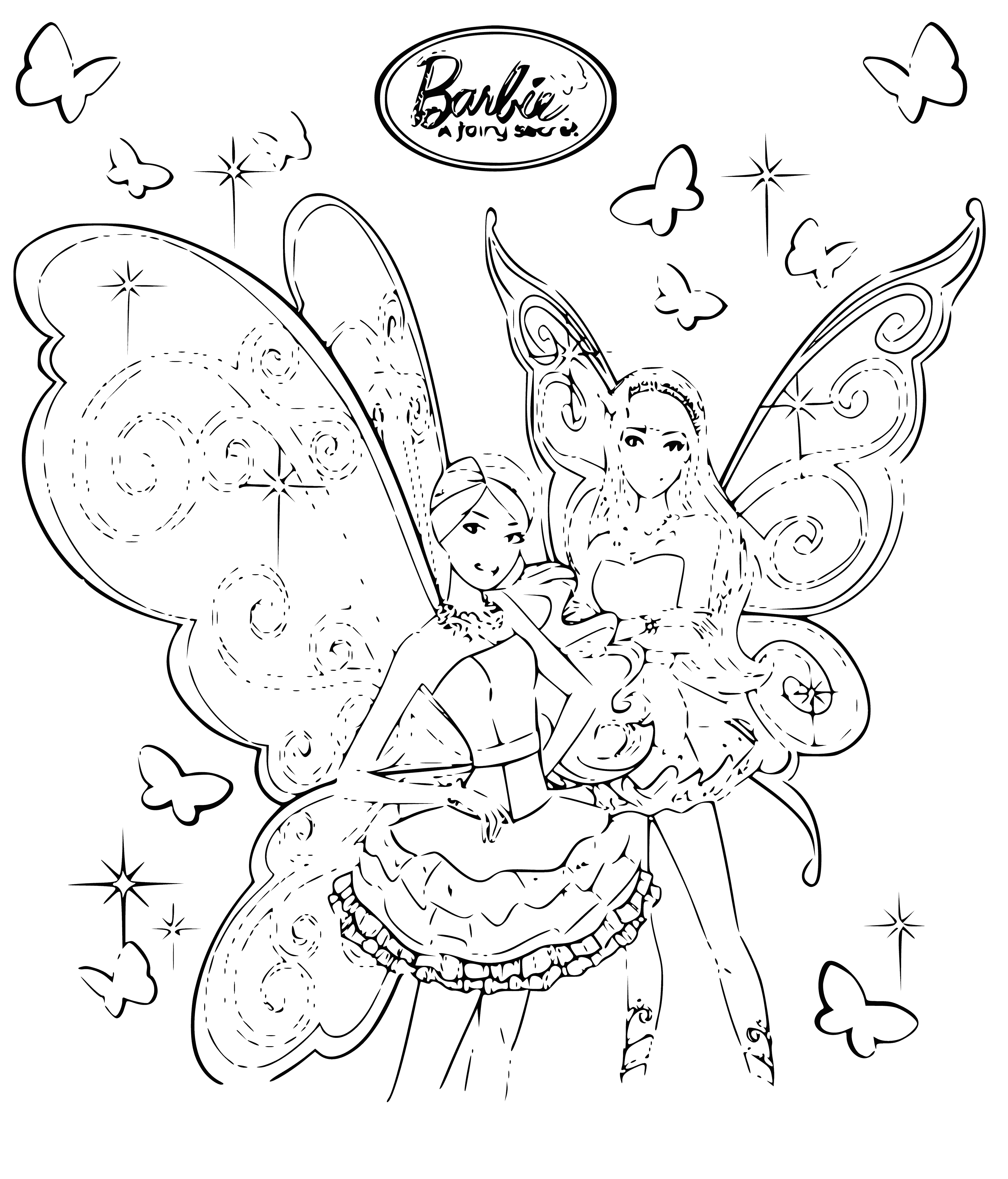 coloring page: Barbie doll dressed as fairy in light pink dress; wearing pink tiara w/ wand & wings w/ darker pink designs.