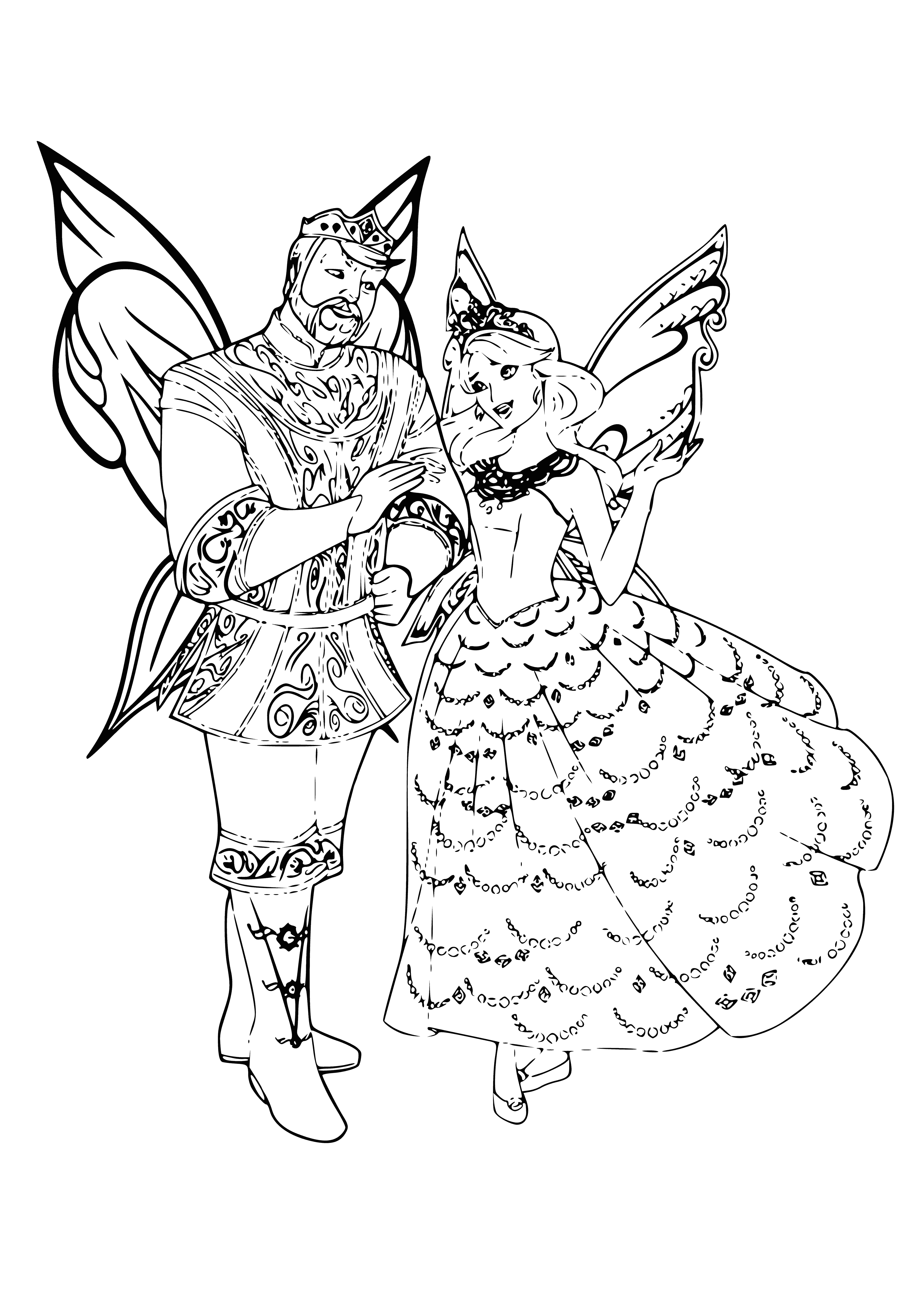 coloring page: King & princess of Catania stand on hill in middle of a field holding scepter & rose, wings spread wide.