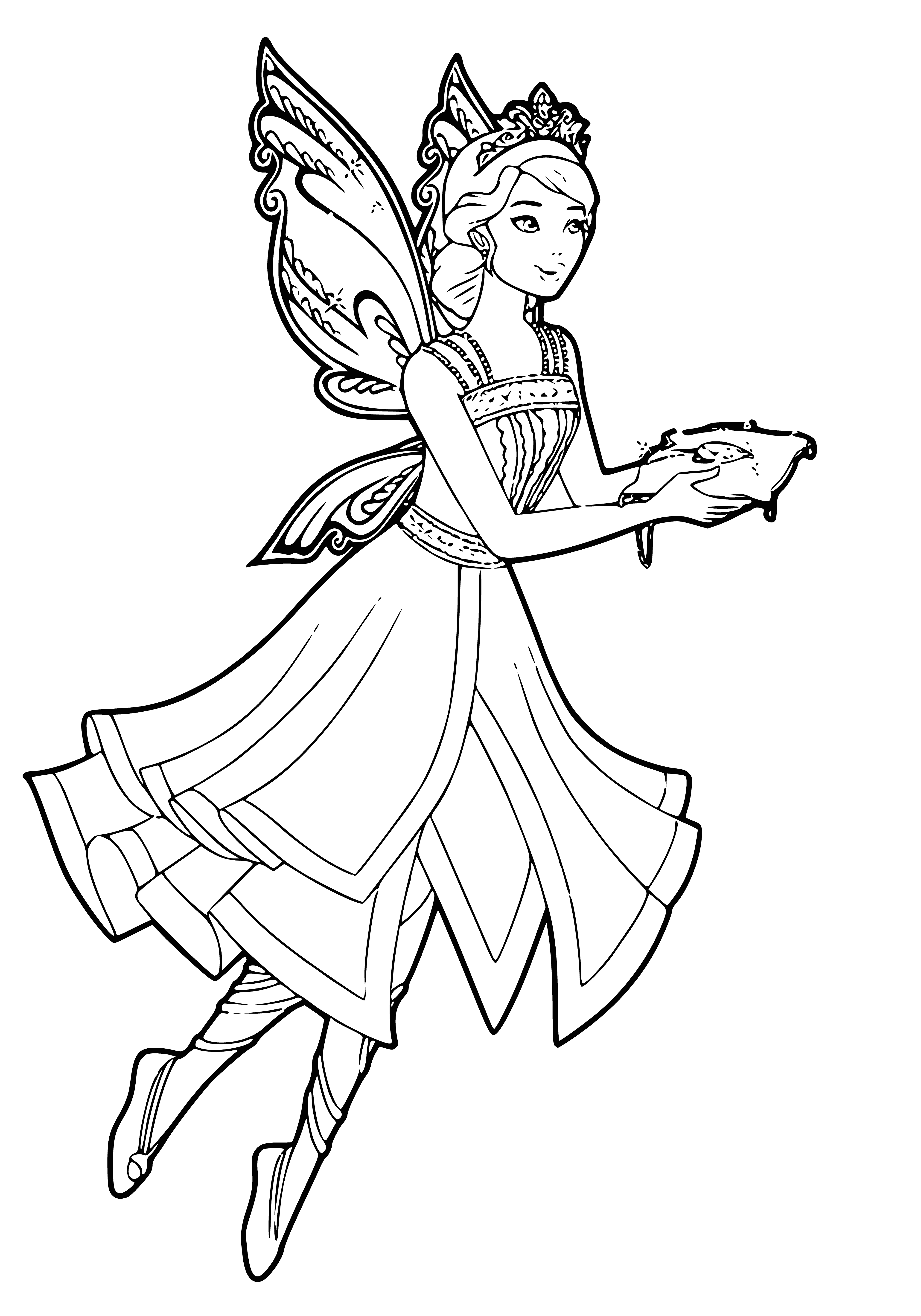 coloring page: Fairy Barbie casts magical spells with her wand in her pretty pink dress and side braid, holding her hand raised in magic. She has blue eyes, wings, and a dazzling charm.