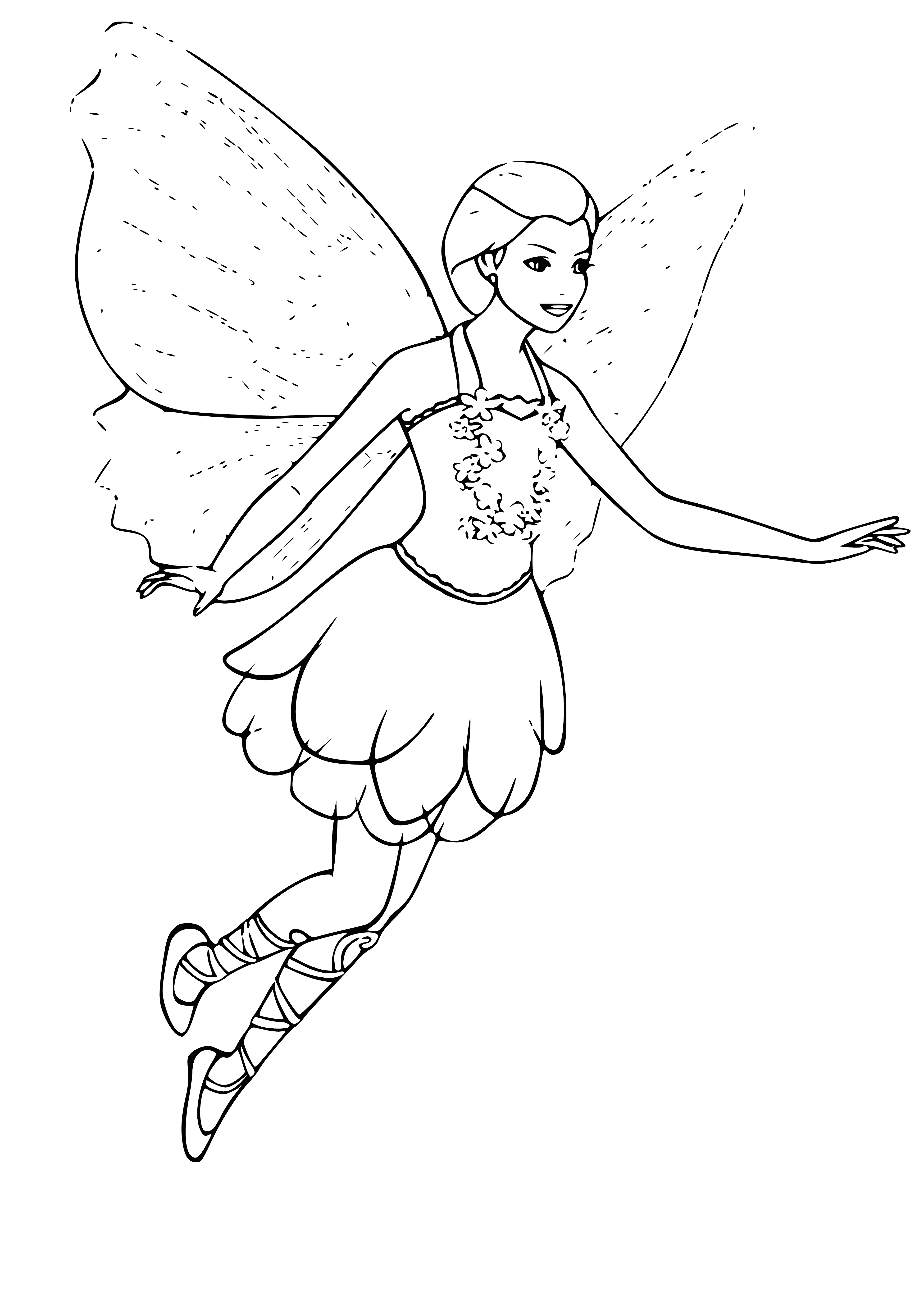 coloring page: Barbie Fairy Butterfly figurine has blonde hair, blue eyes, yellow wings w/ black spots & a pink dress.