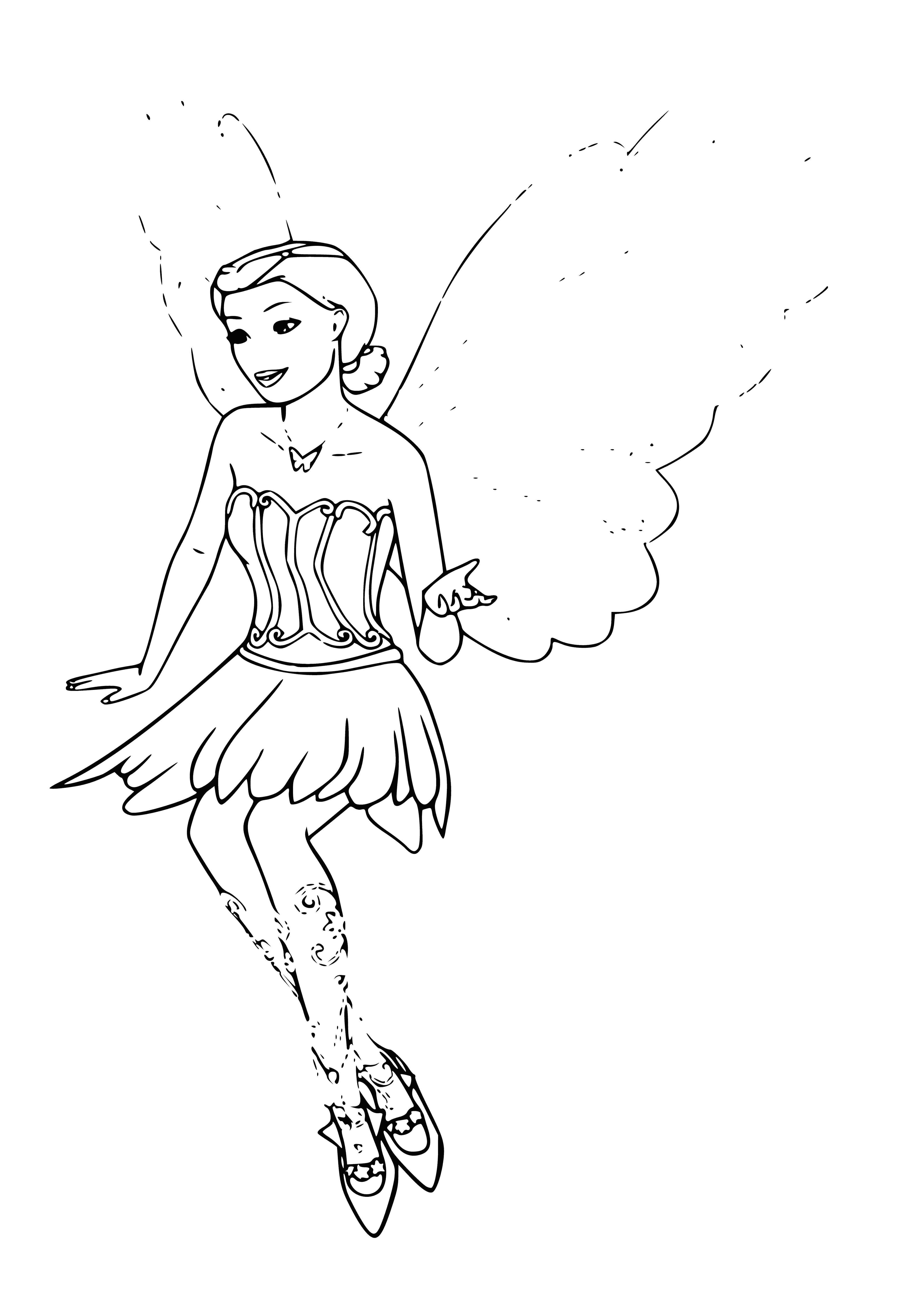 coloring page: A Barbie Fairy with blonde hair, blue wings & a lavender dress holding a butterfly wand. #FairyMagic