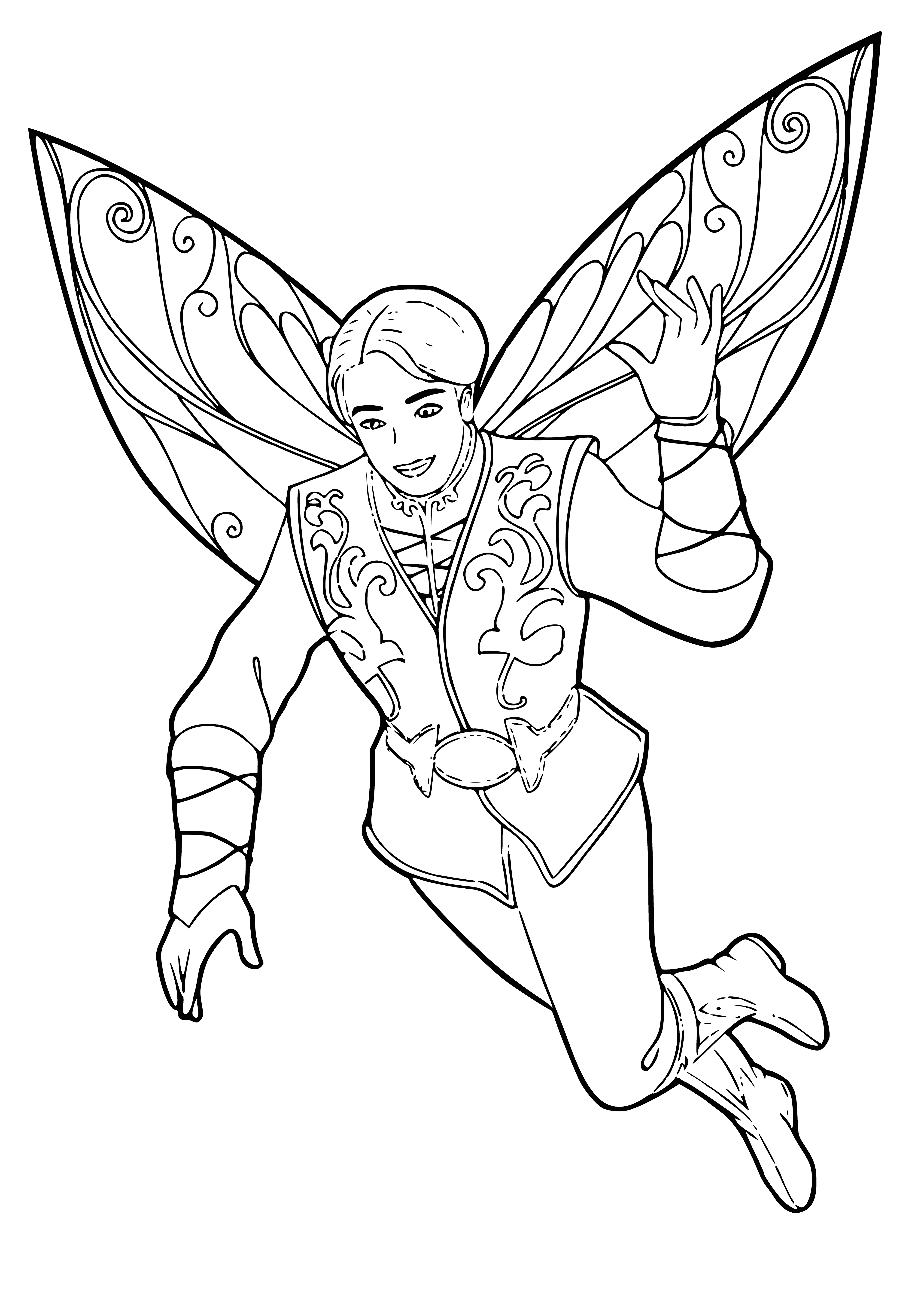 coloring page: Prince Carlos is a magical Barbie with blue shirt, white collar, purple vest, black pants, blue shoes, and bright wings.