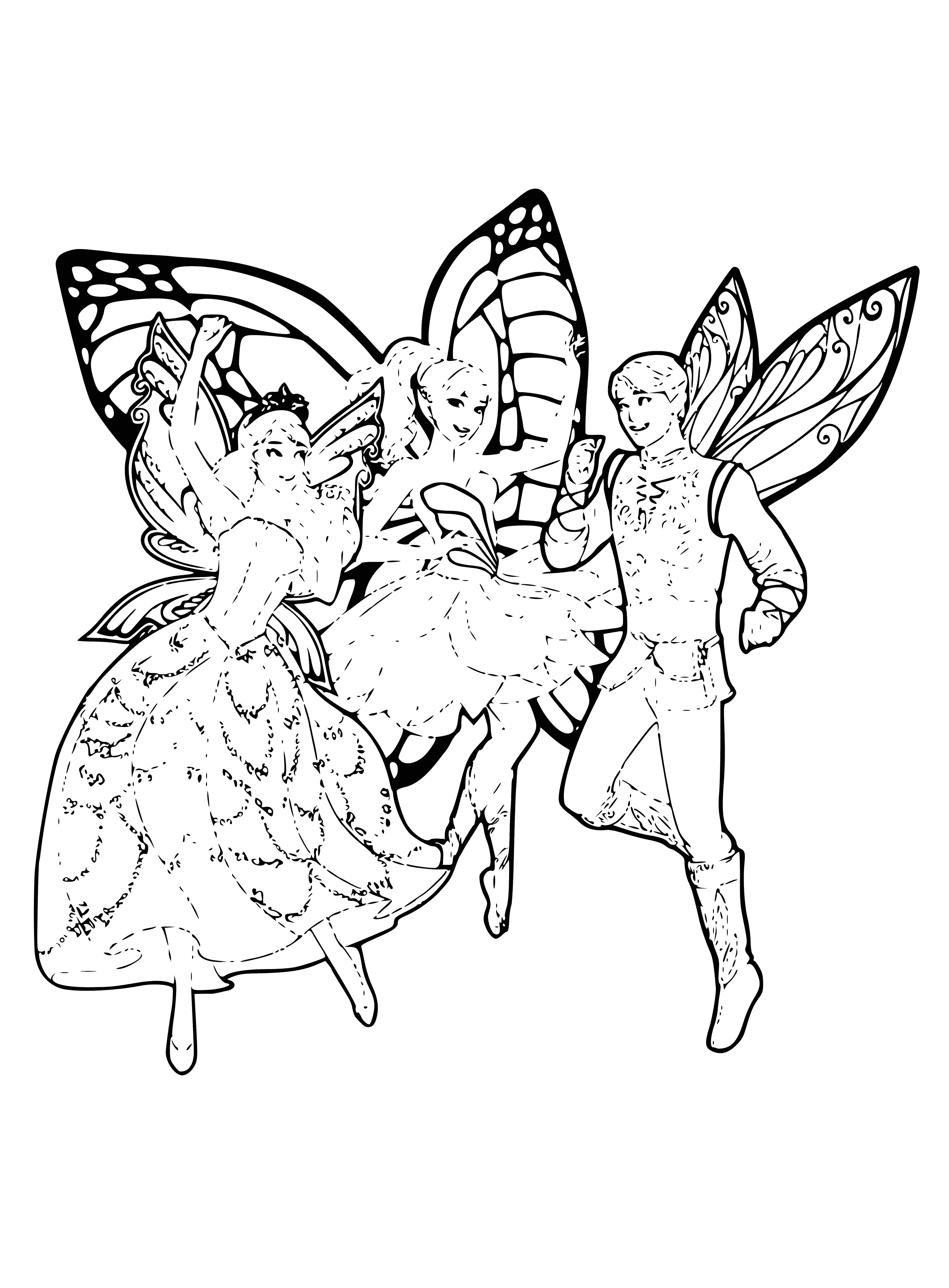coloring page: Barbie soars above a field of beautiful flowers with glittery wings, a star-tipped wand, and pretty butterflies all around.
