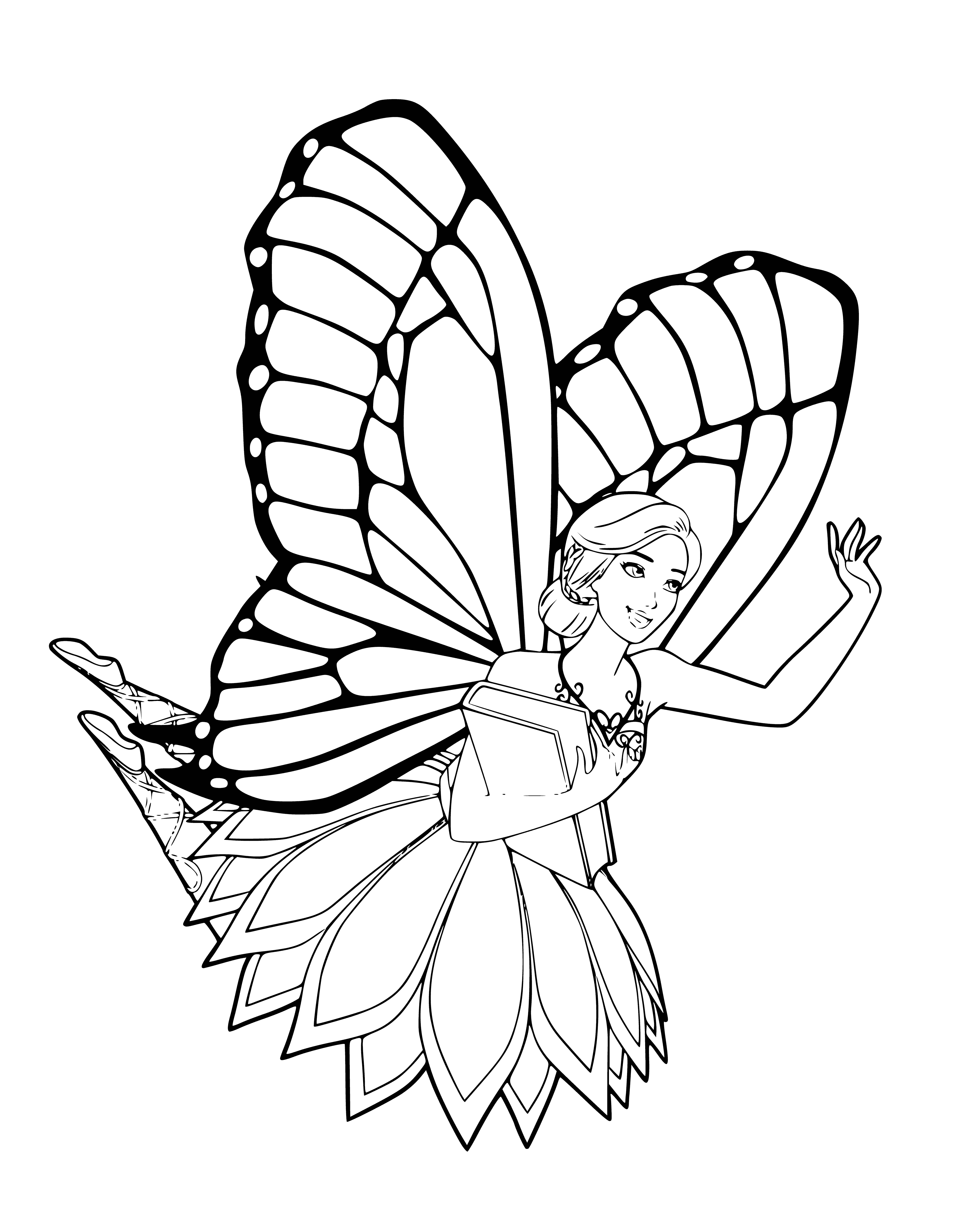 coloring page: Barbie Fairy Mariposa loves to fly & dance in her flower garden, wearing her pink & purple glittery-winged dress & silver tiara w/ a pink gem.