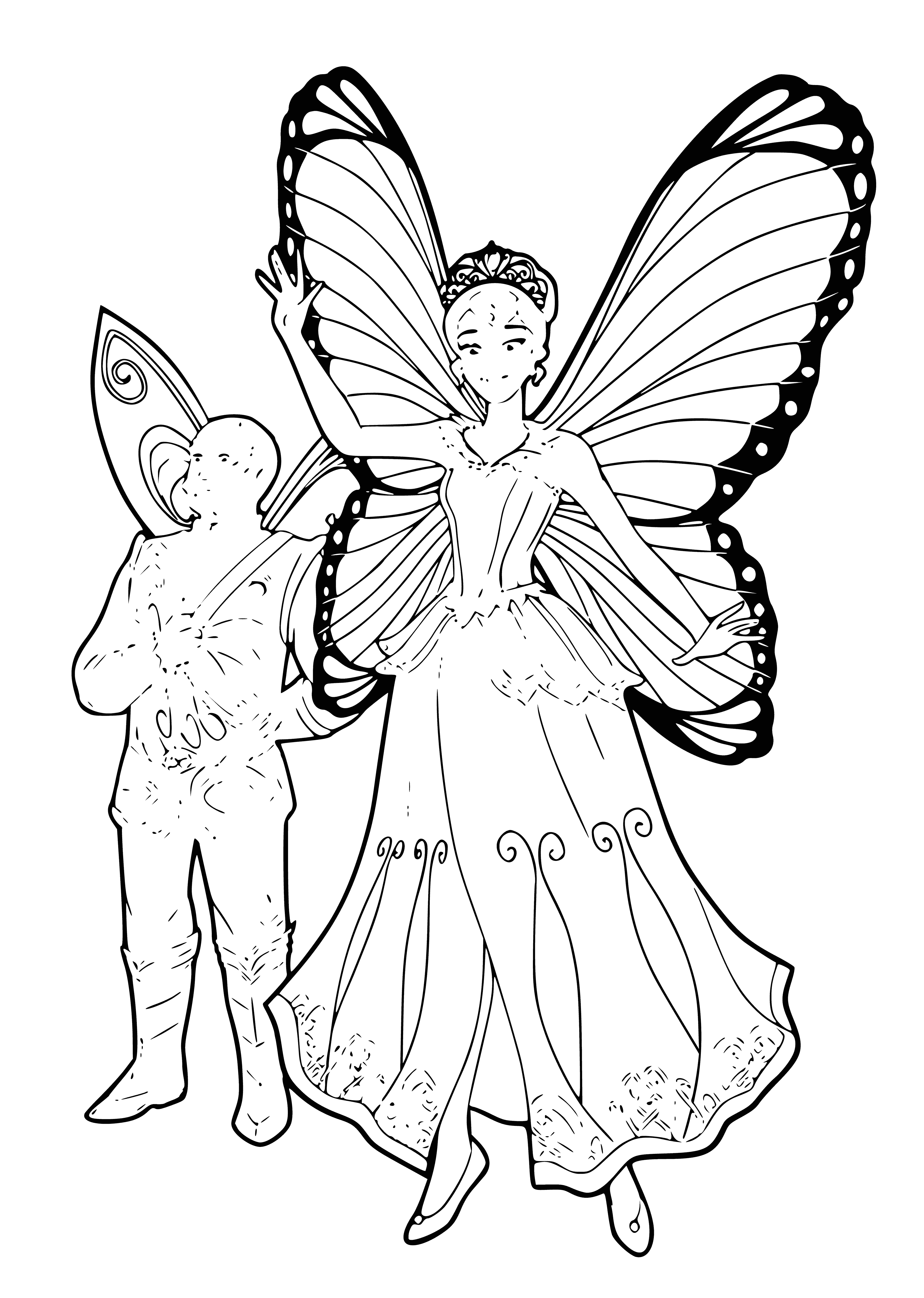 coloring page: Barbie-Babri Queen w/ blonde side-pony, blue eyes, pink dress & wings. A vision of pink beauty!