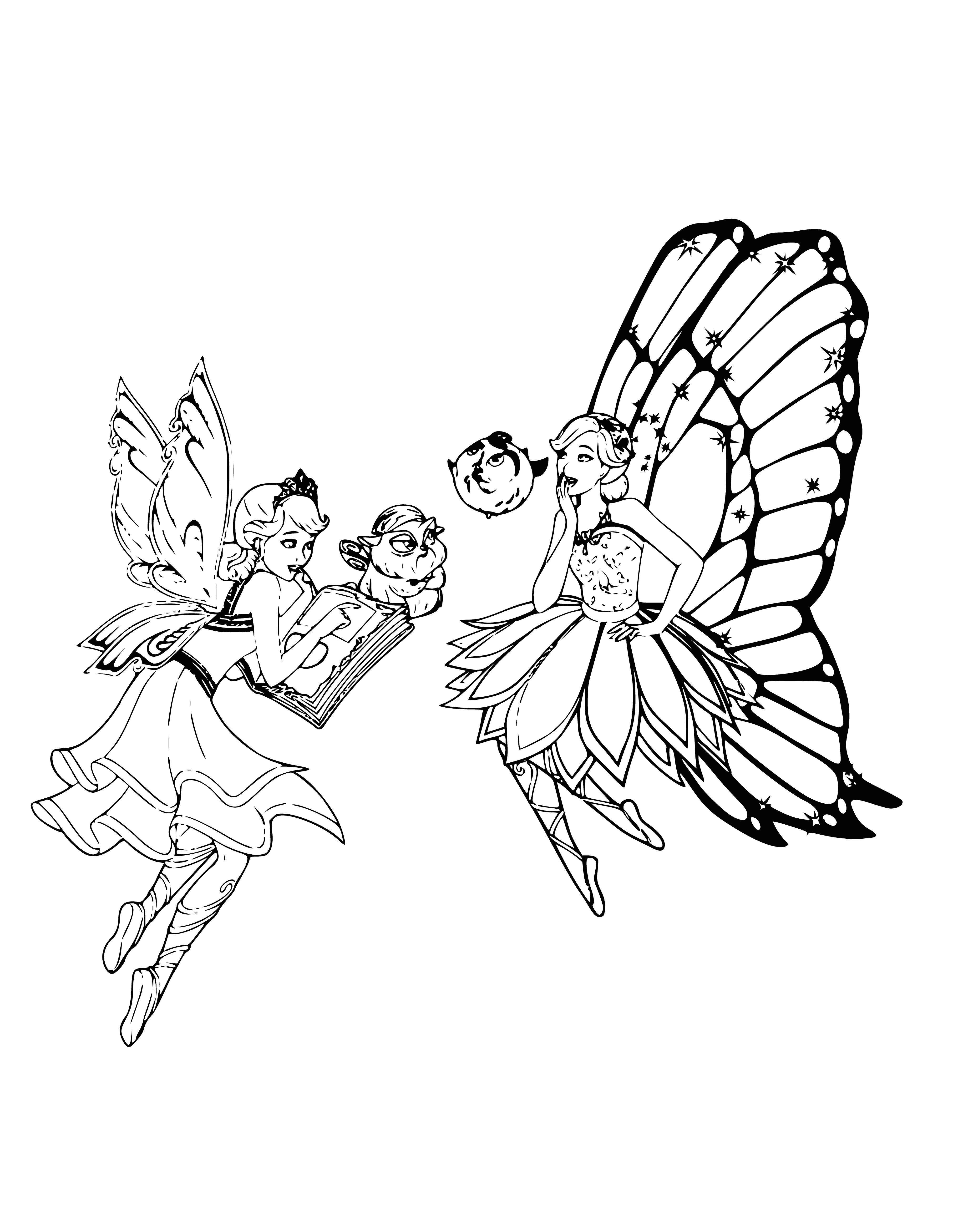 coloring page: Two fairies, Crystal Fairy Catania & Butterfly Fairy Mariposa, wearing dresses, wands & flowers, w/ crowns & butterflies, smiling happily.