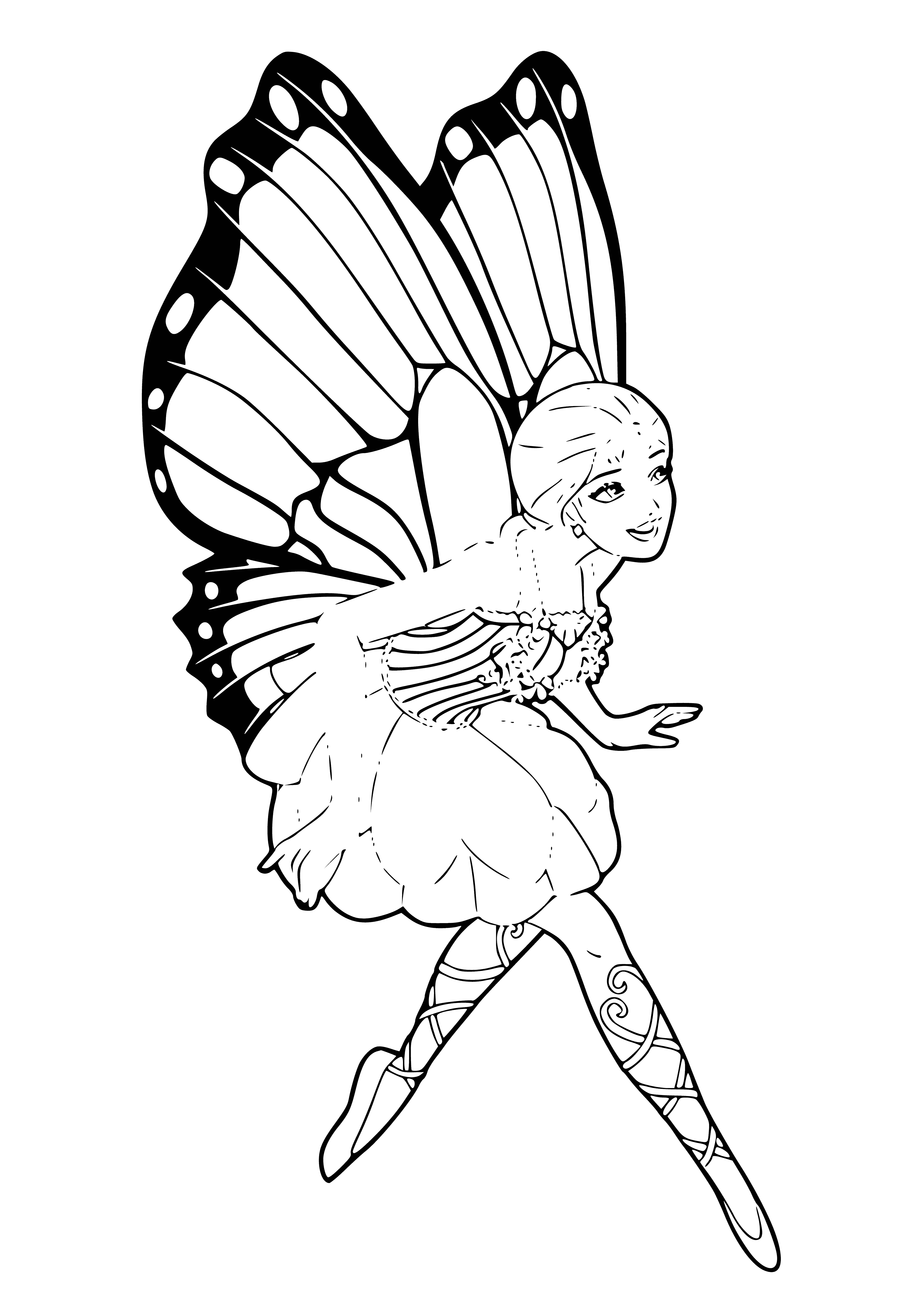 coloring page: The Fairy Barbie - beautiful barbie with long blond hair, blue eyes, pink dress & wings. She holds a wand with a star. #fairytale
