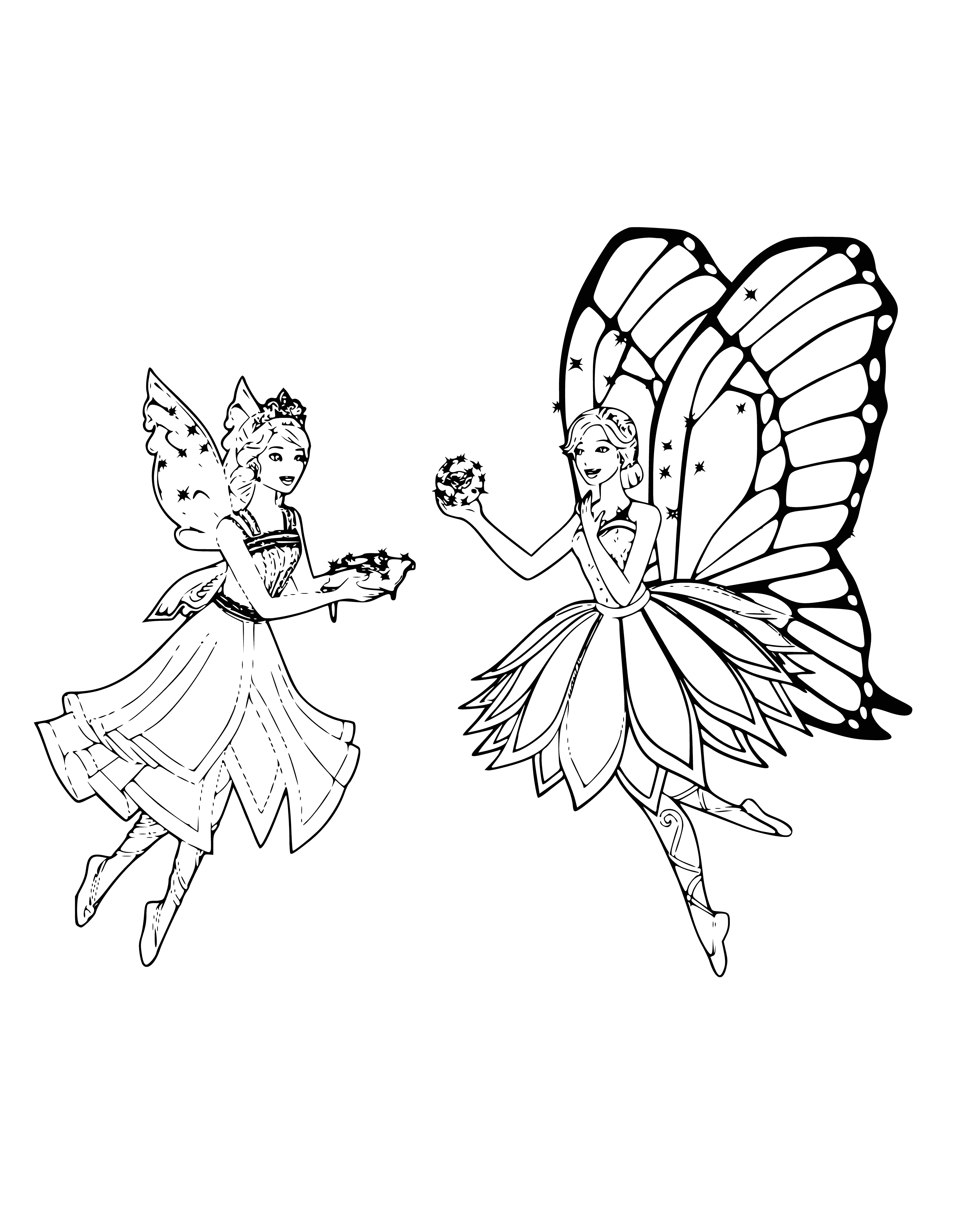 coloring page: Two Barbie dolls with removable wings flutter around--one blonde in pink/purple, one black-haired in green.