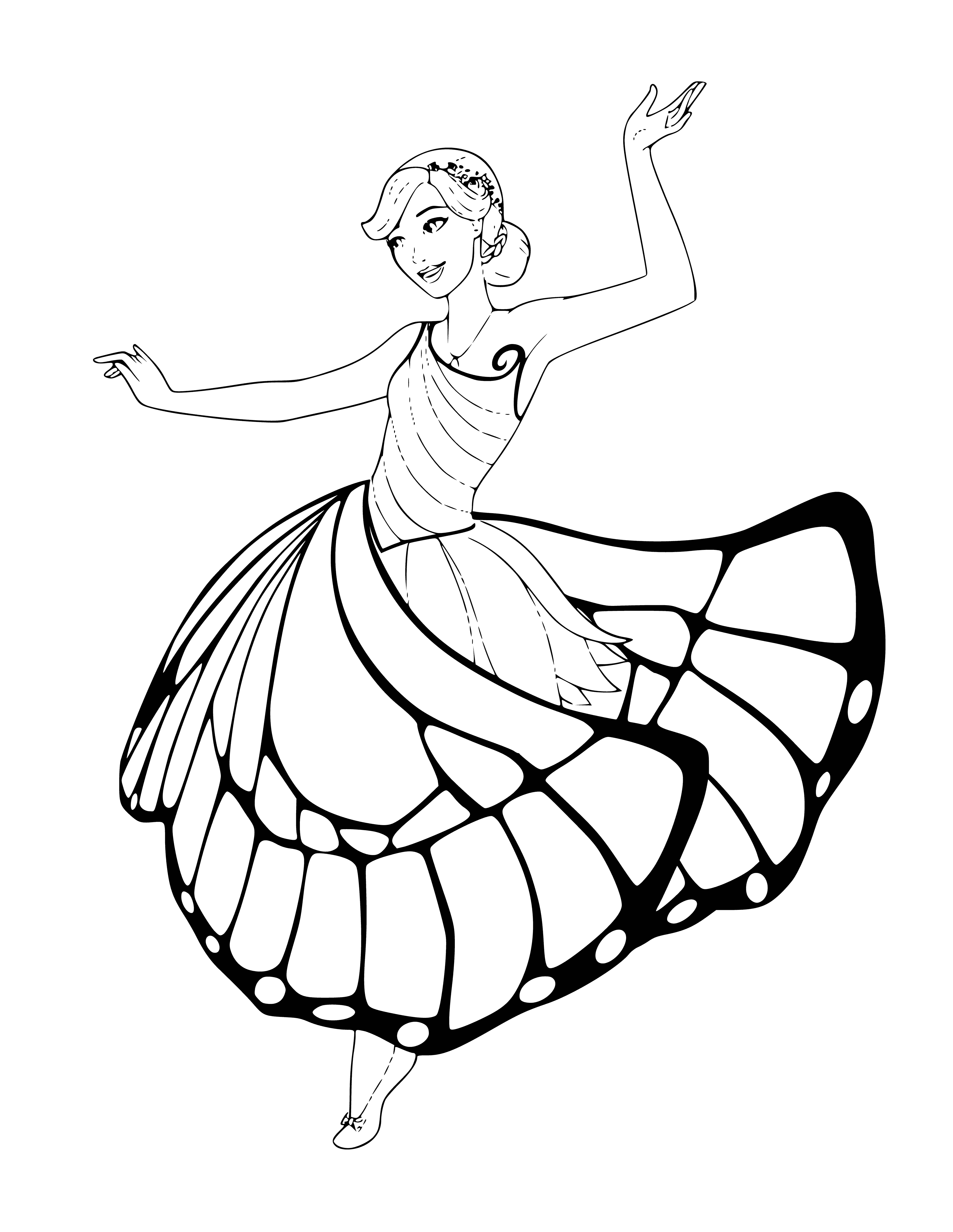 coloring page: Fairy Boabchka dances in a purple dress, yellow belt and shoes, with purple wings and a yellow wand, blonde curly hair.