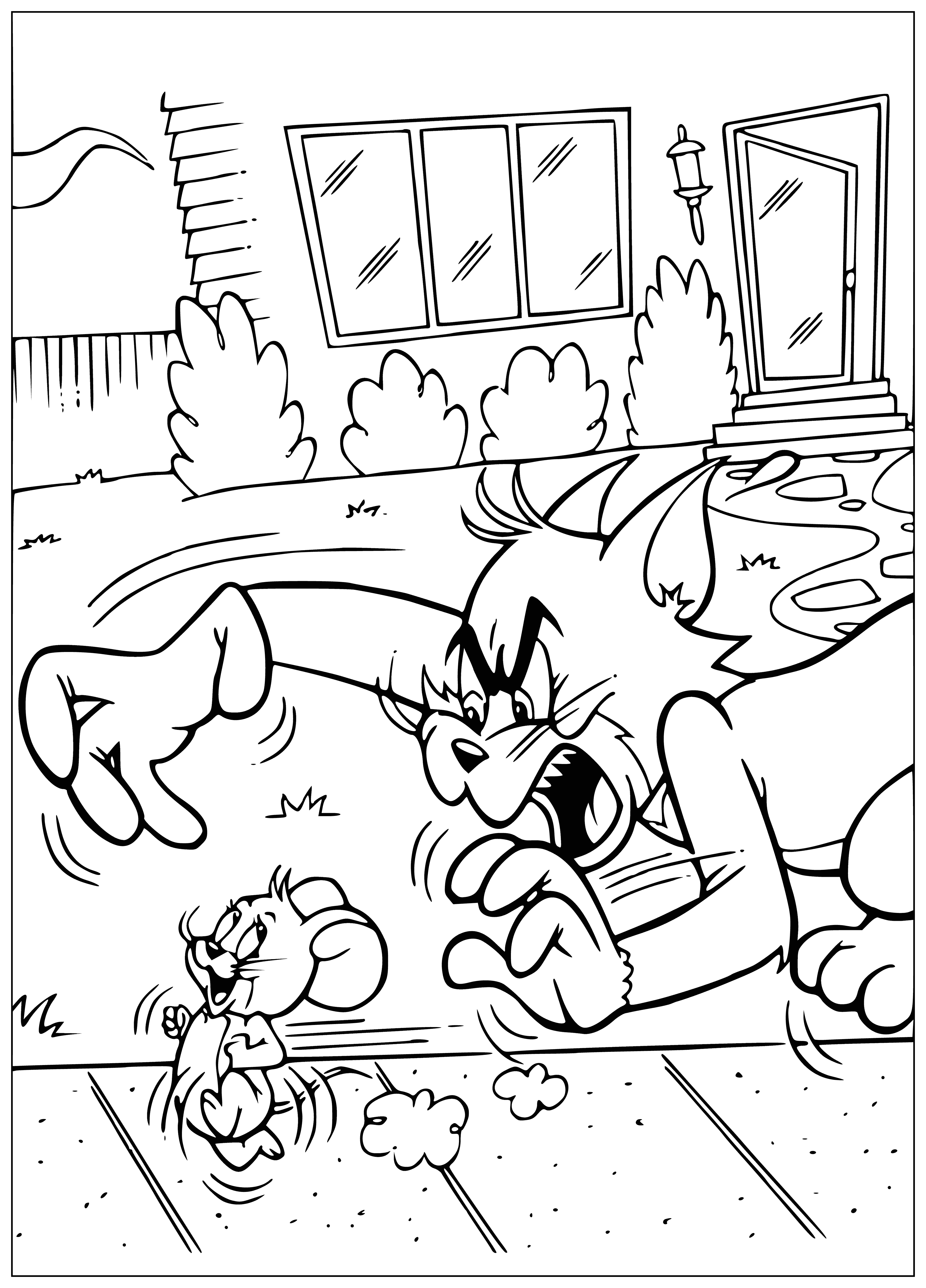 coloring page: Tom is about to catch Jerry, who is desperately trying to escape.