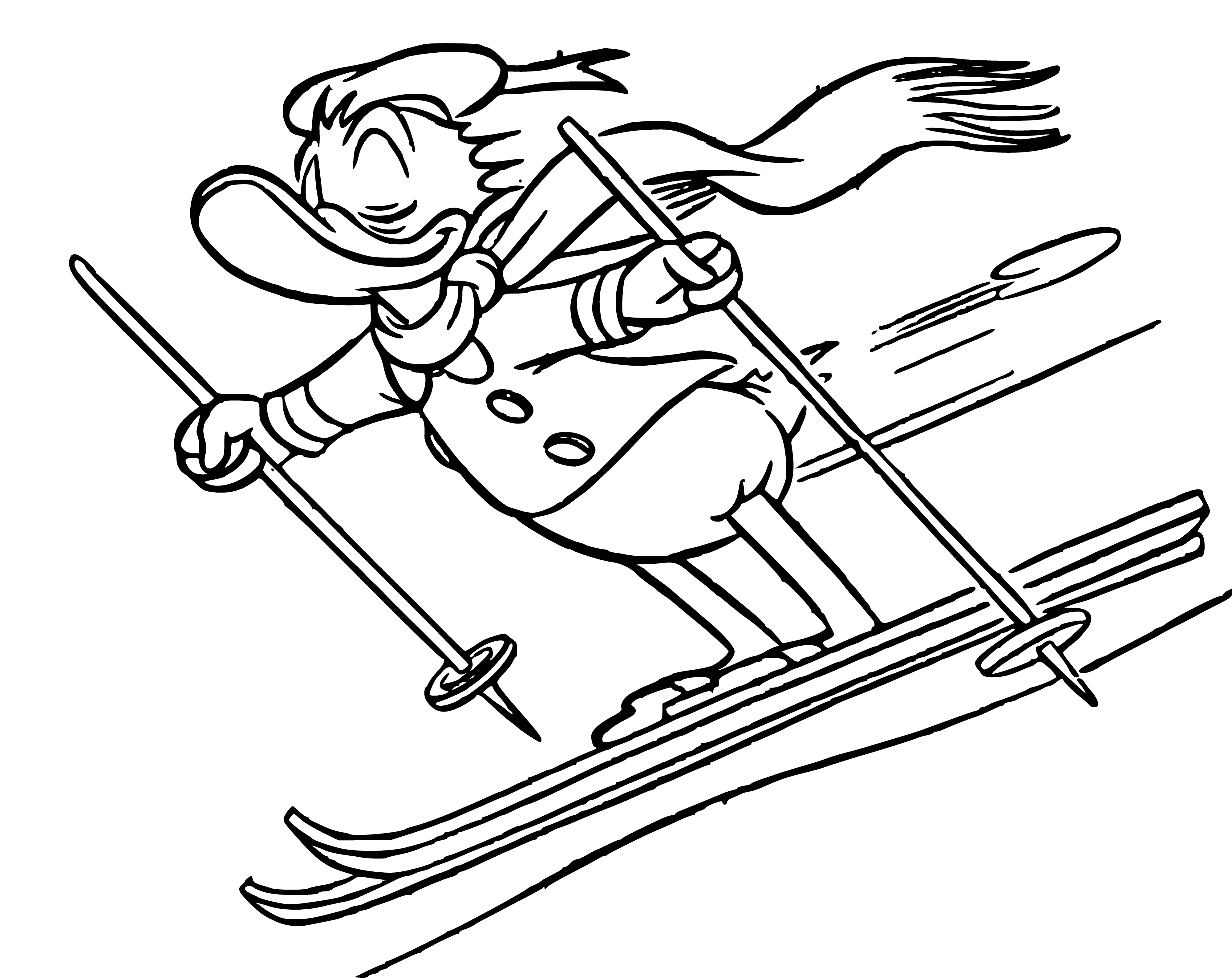 coloring page: Man skiing down hill w/ yellow shirt & red pants; blue sky & trees around.