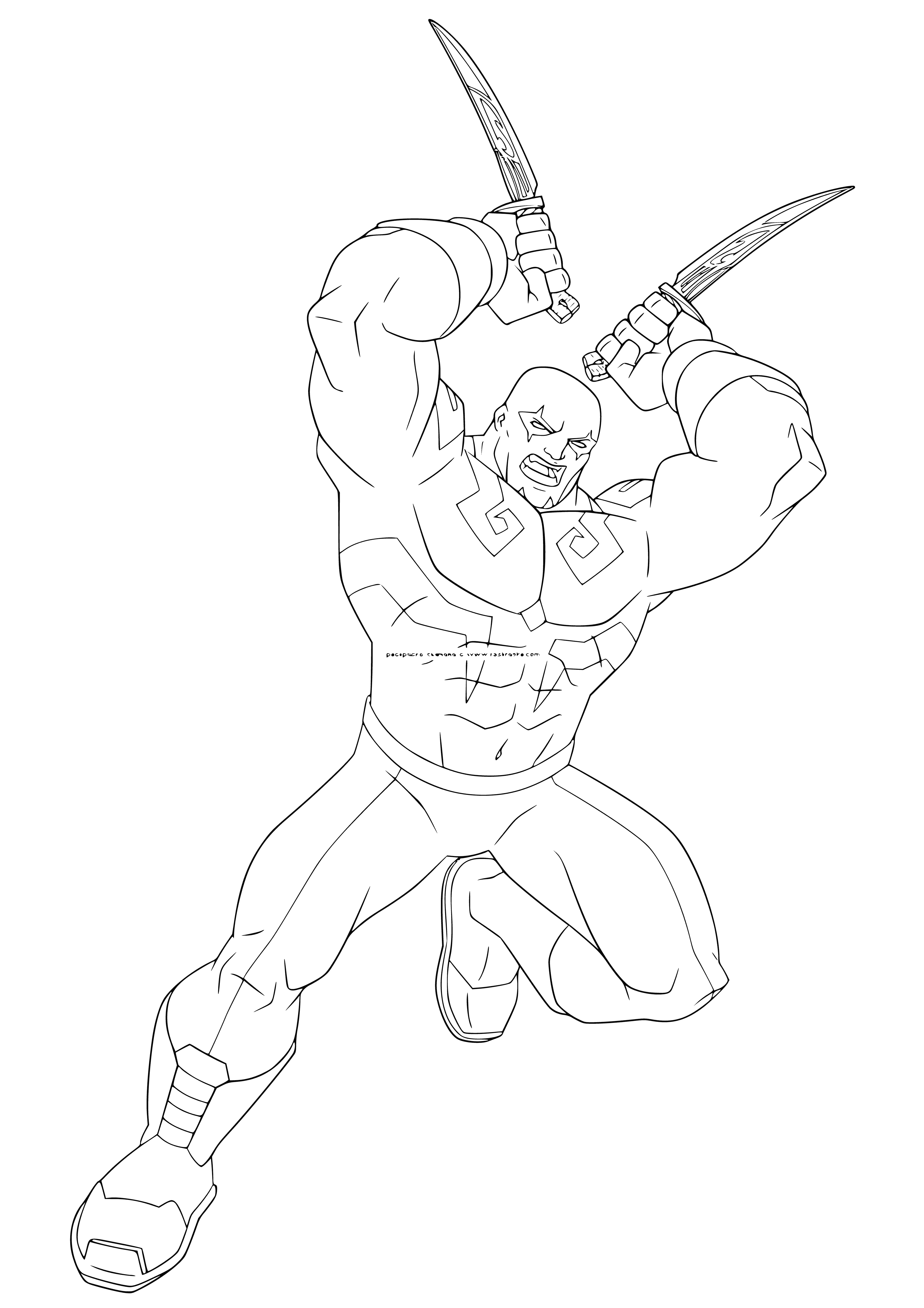 coloring page: Coloring page of serious-looking bald man w/ green tattoos, red loincloth & large knife; eyes closed.