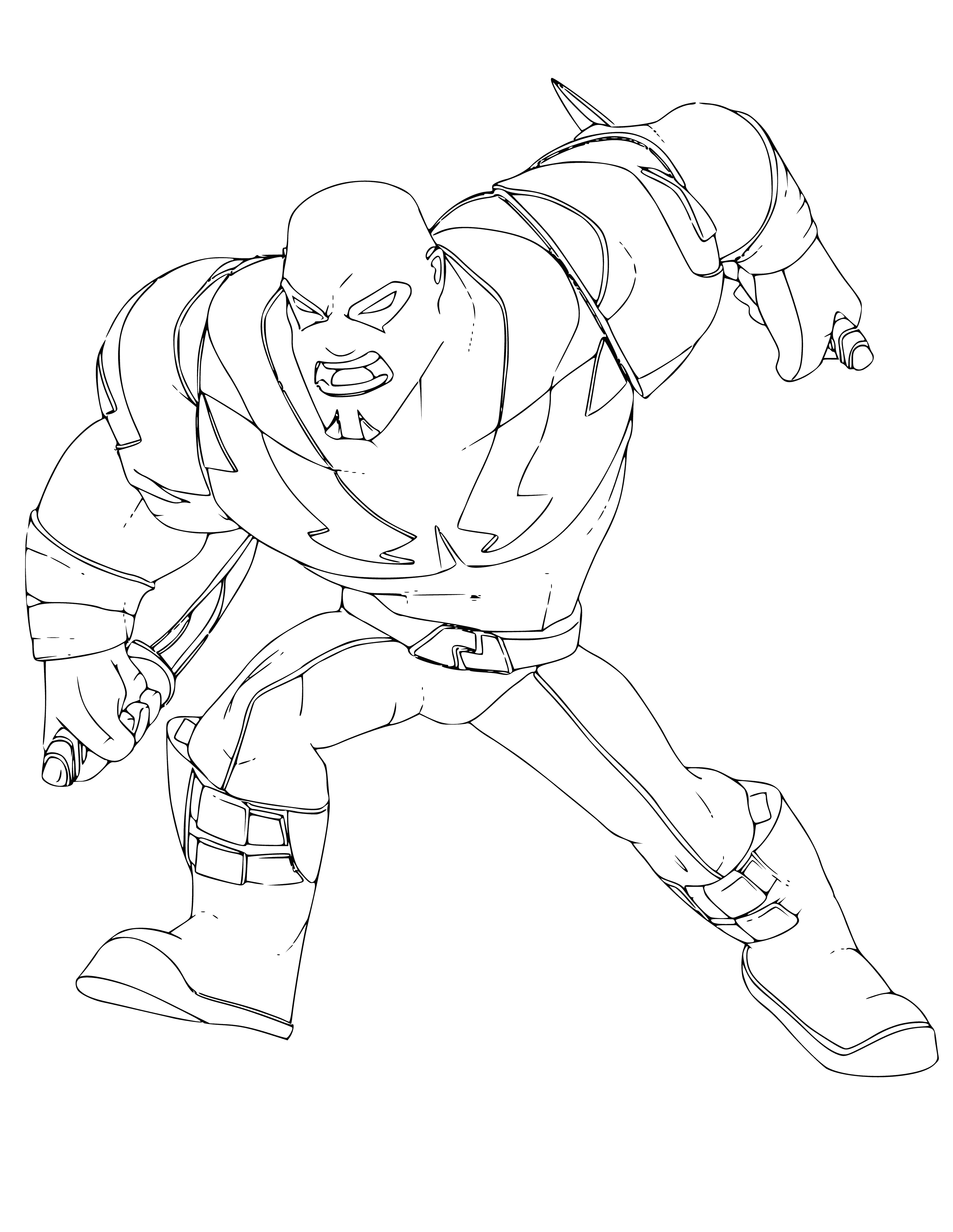 coloring page: Man with green skin and tattoos points at something with a serious look. No shirt on, mohawk.
