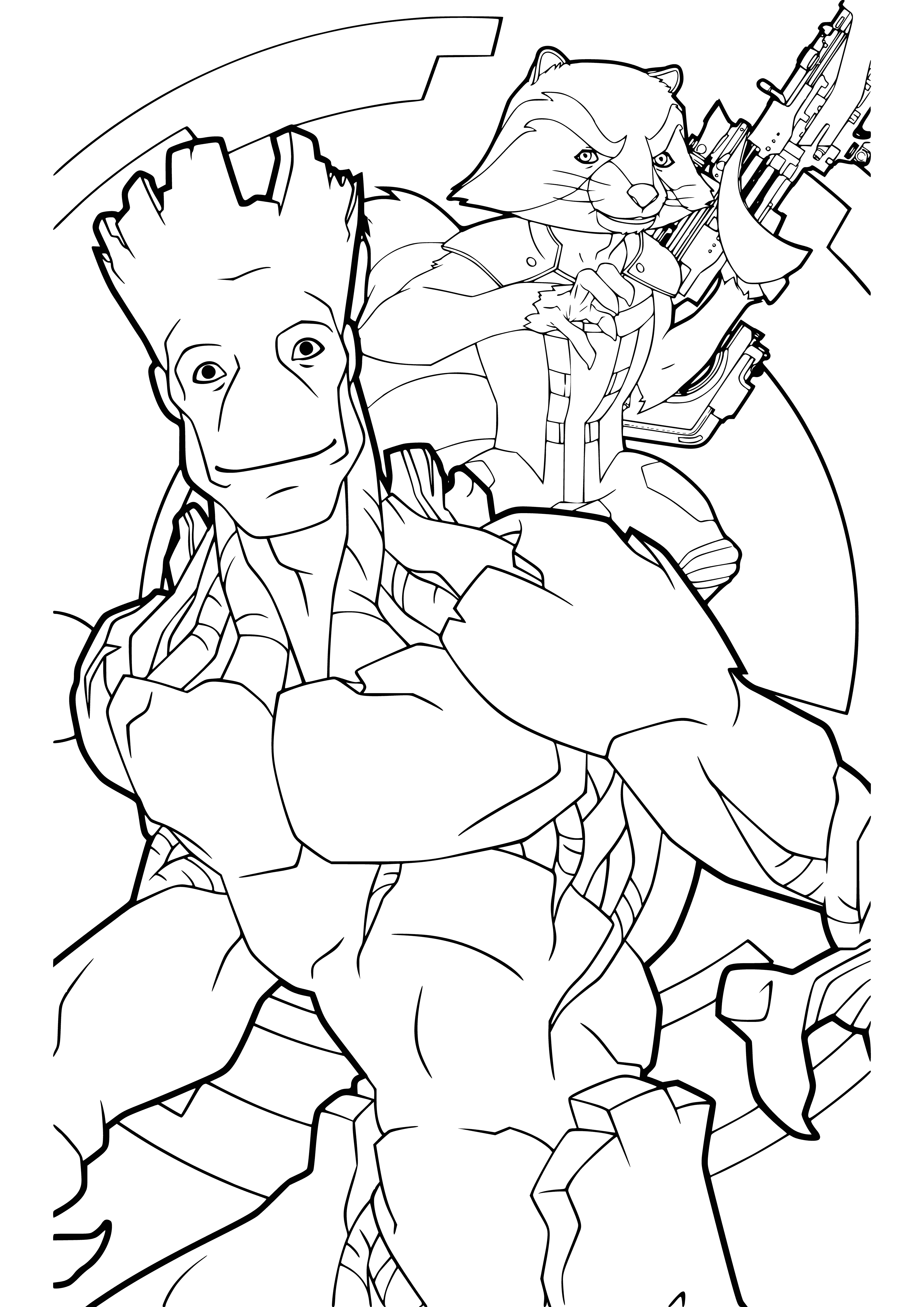 coloring page: Groot holds a terrified Rocket in his giant hand in the Guardians of the Galaxy coloring page.