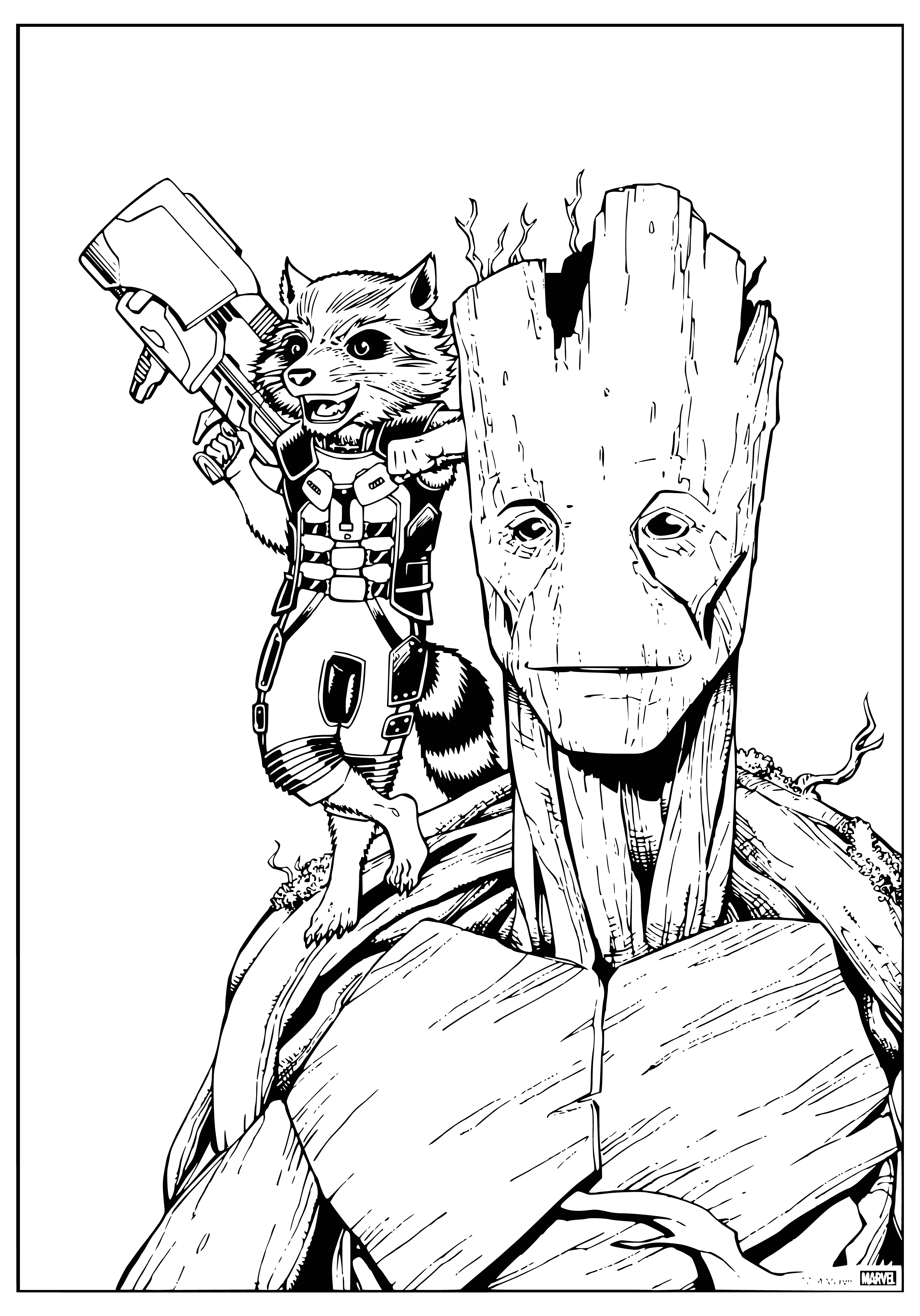 coloring page: Rocket & Grut are Guardians of the Galaxy, a superhero team protecting the galaxy from evil. Rocket is a gun-wielding raccoon & Grut a giant tree creature.