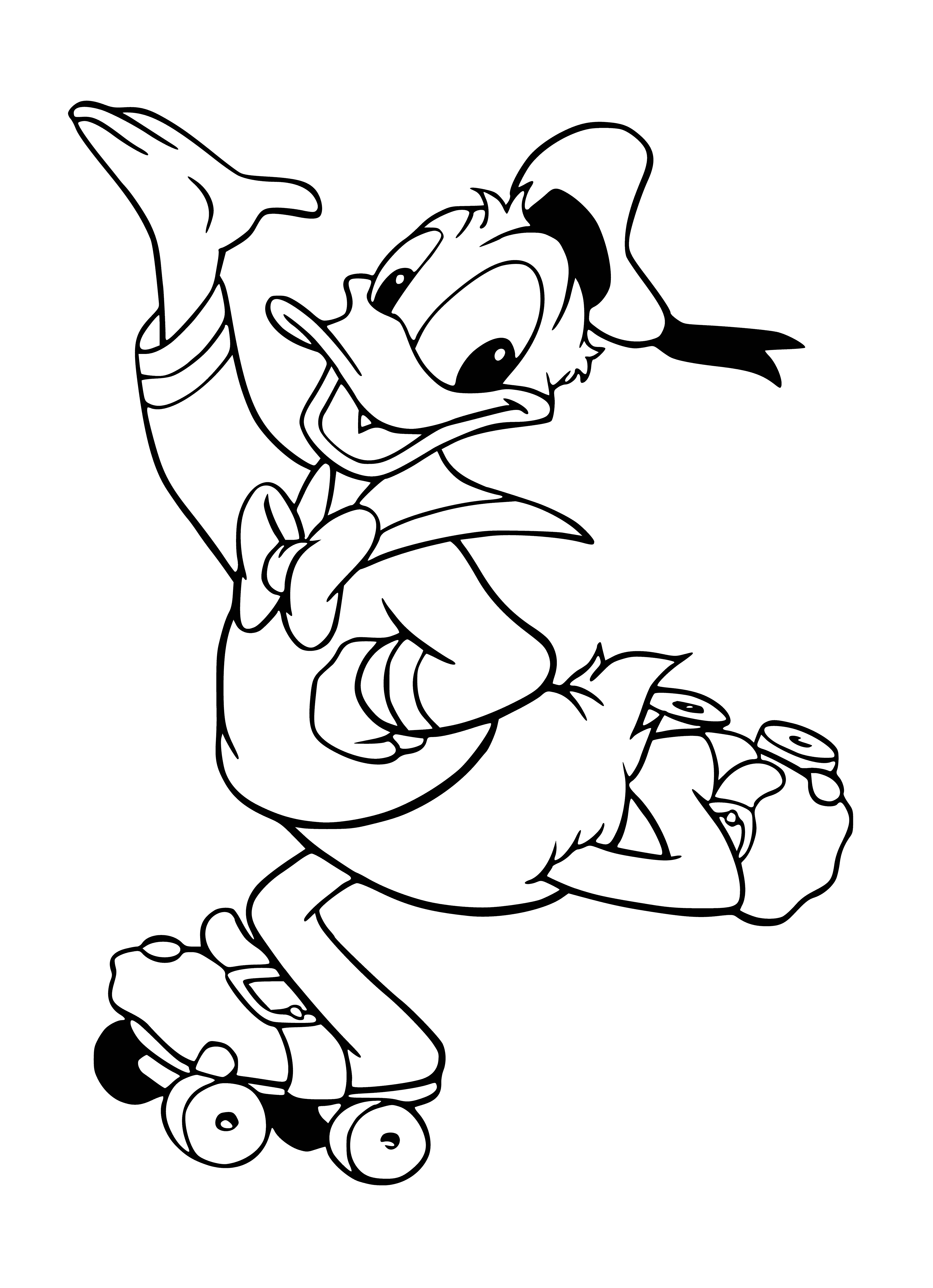 coloring page: Five Mickey Mouse-like characters on roller skates hold hands, skating around in a circle with outstretched arms. #wheelday
