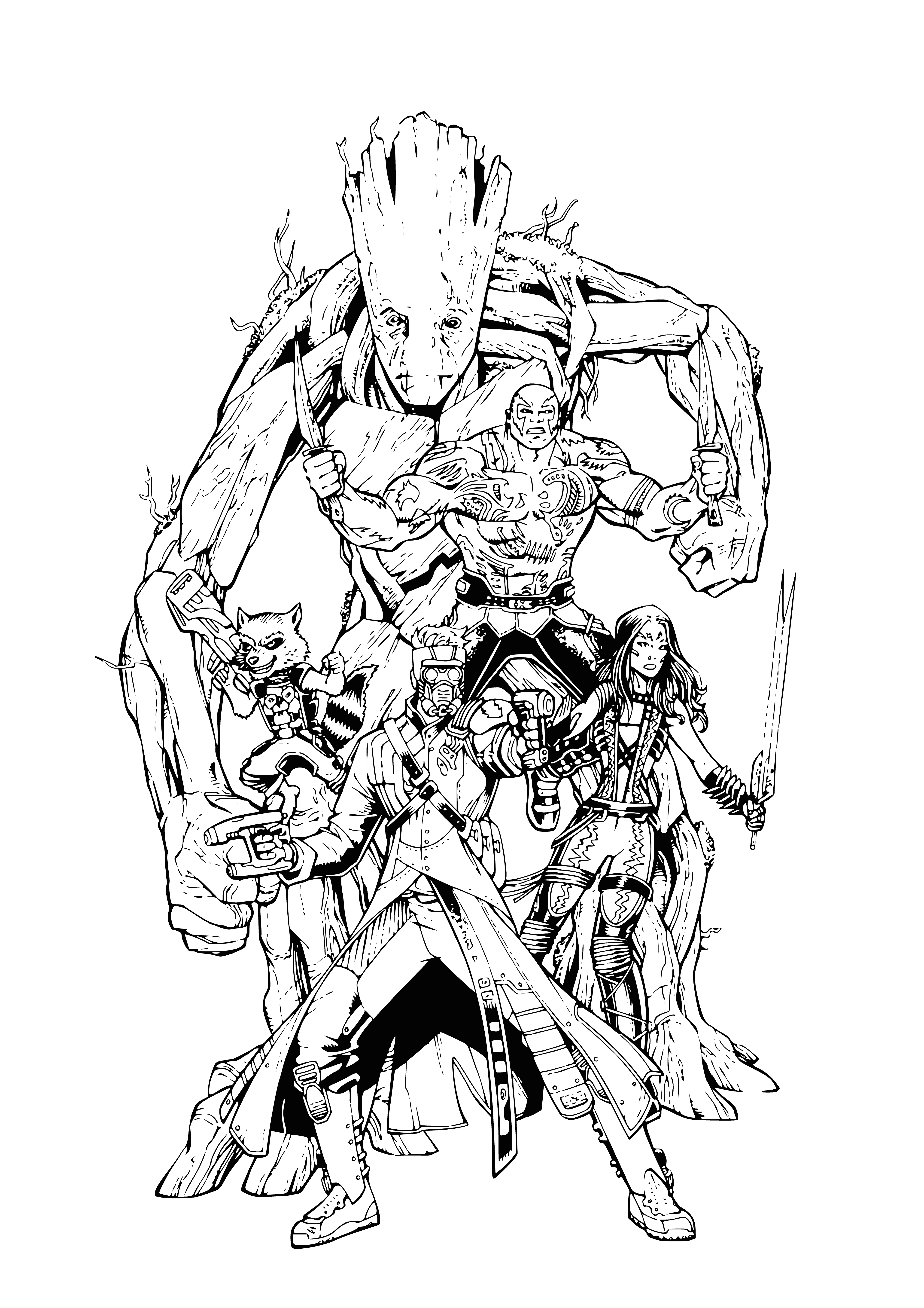 coloring page: Five heroes standing in heroic poses - Gamora, Drax, Star-Lord, Rocket and Groot - epitomize courage, strength and resolve.