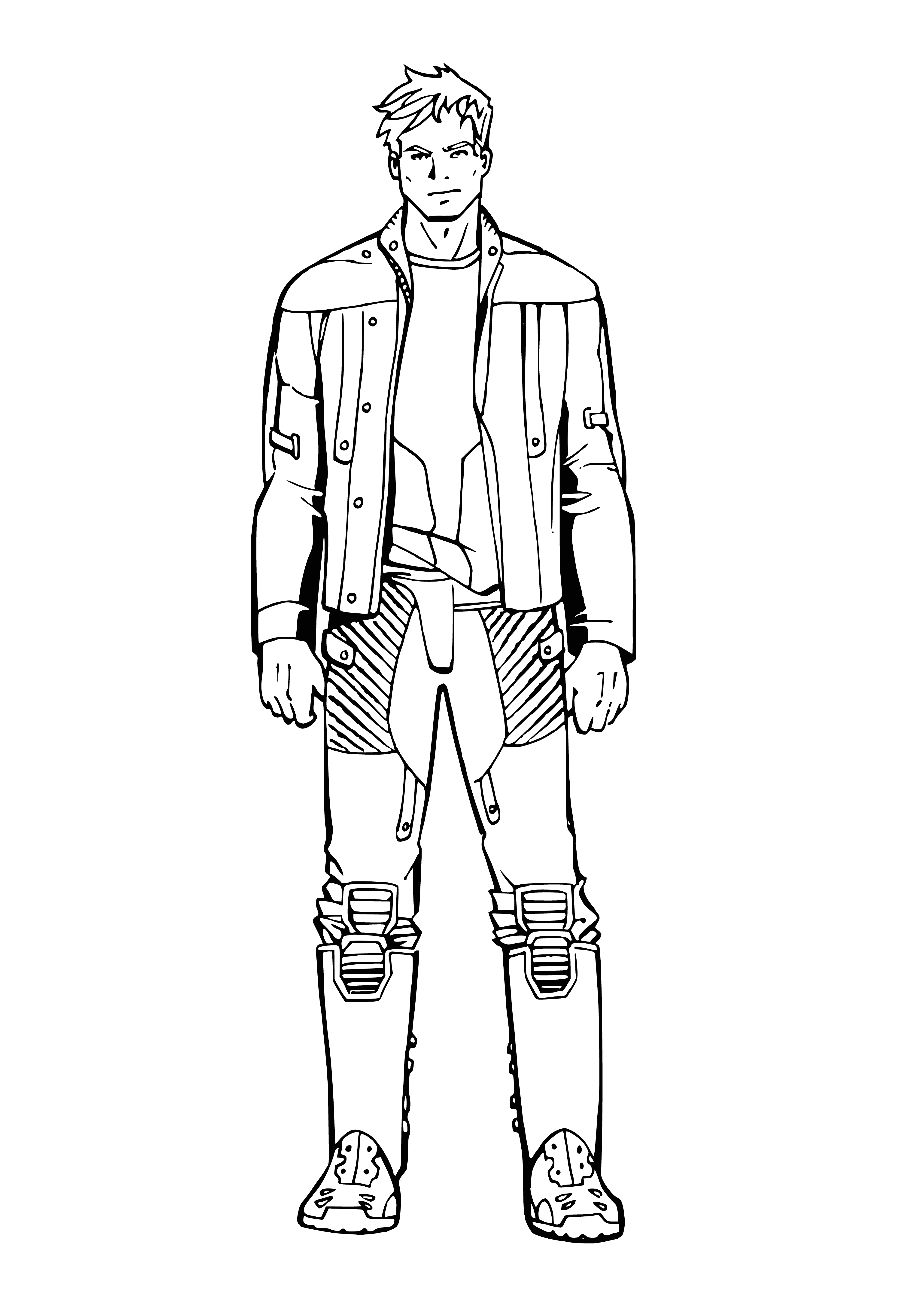 coloring page: Man in blue space suit prepares for battle, armed with blaster rifle and helmet. Determined look on his face.
