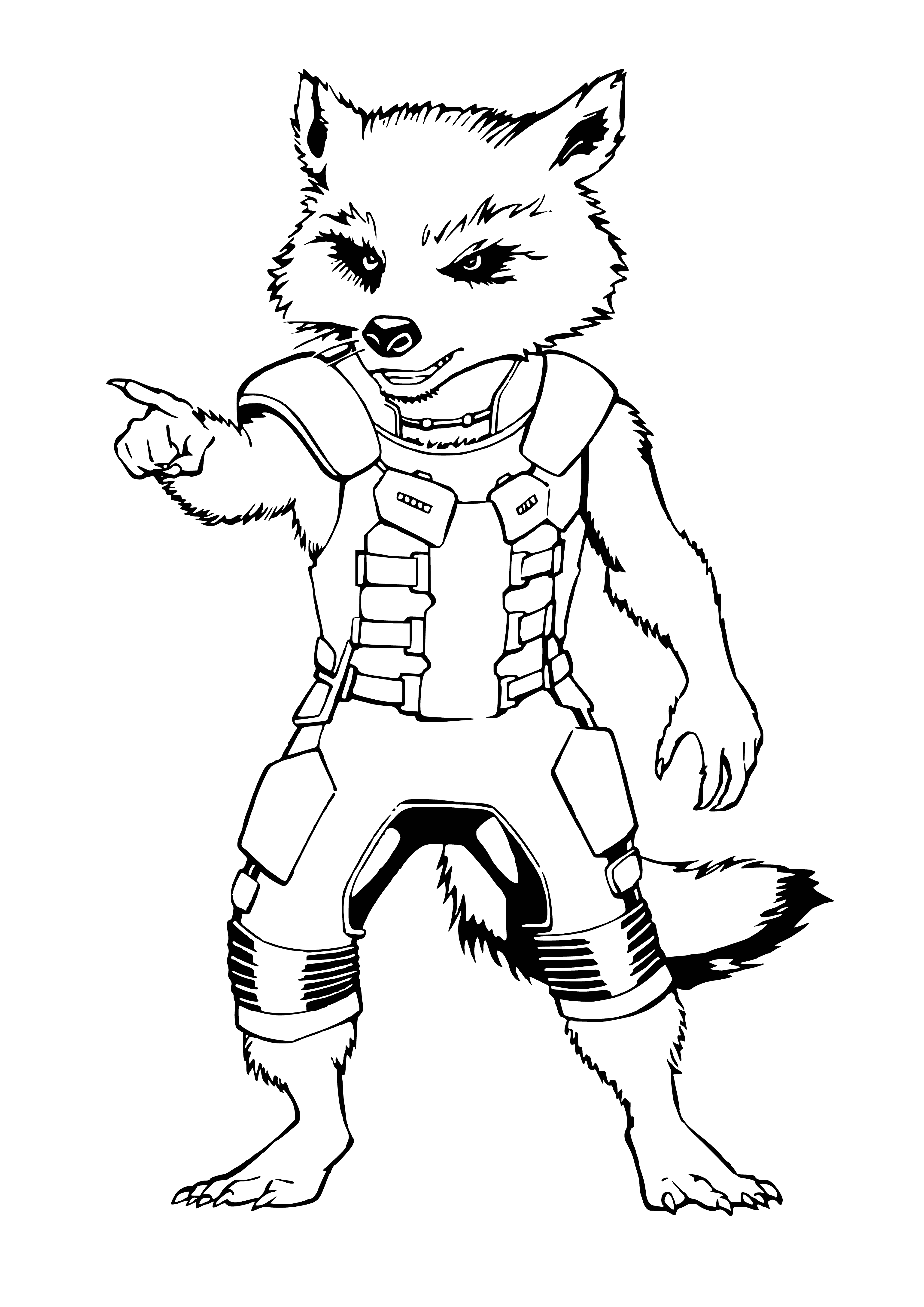 coloring page: Small, furry creature with big head, long tail, pointy ears & eyes closed. Wearing dark blue/silver armor & has gun strapped to back.
