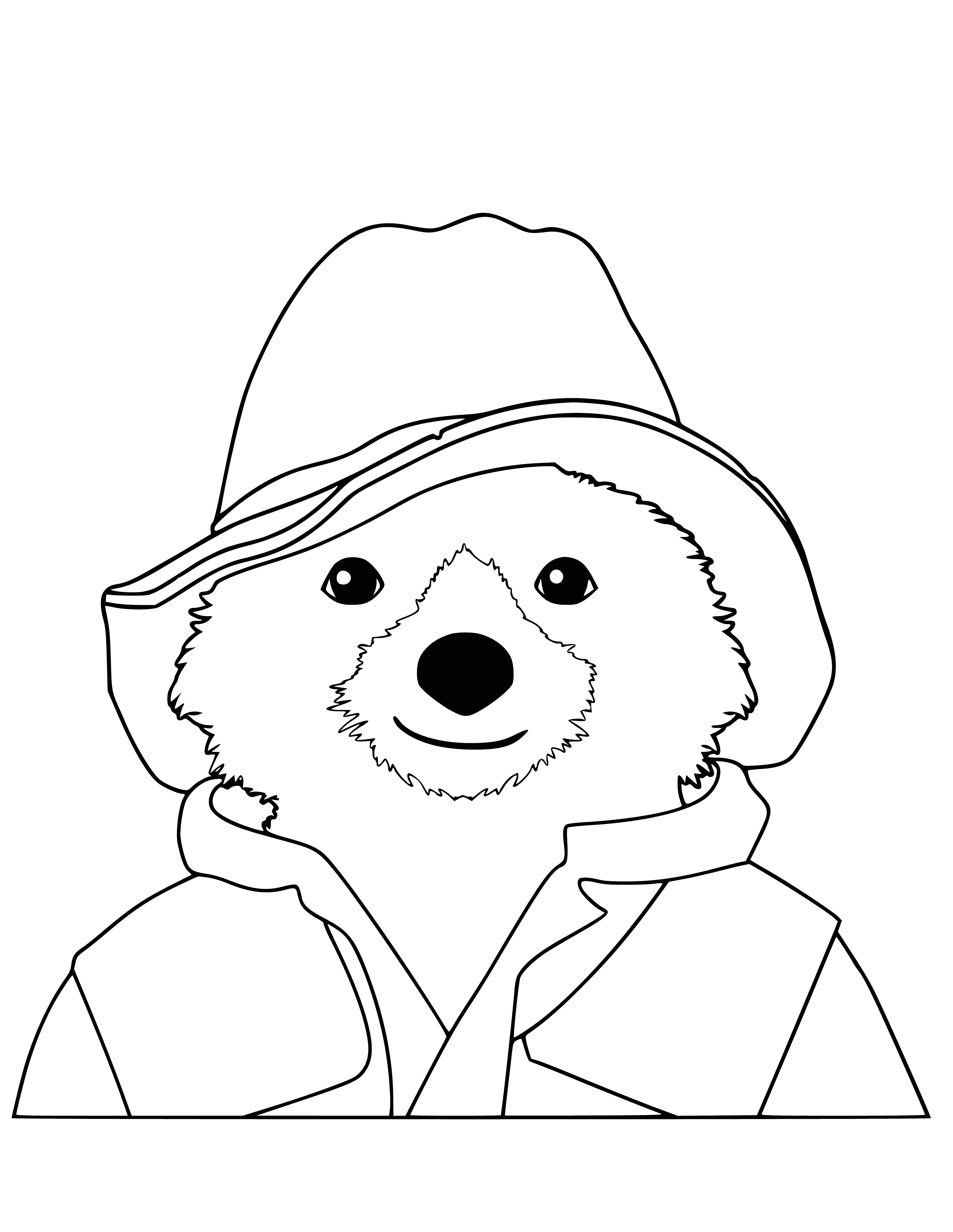 coloring page: Older gent. waits at train sta. with large suitcase & a small brown bear wearing red scarf around its neck.