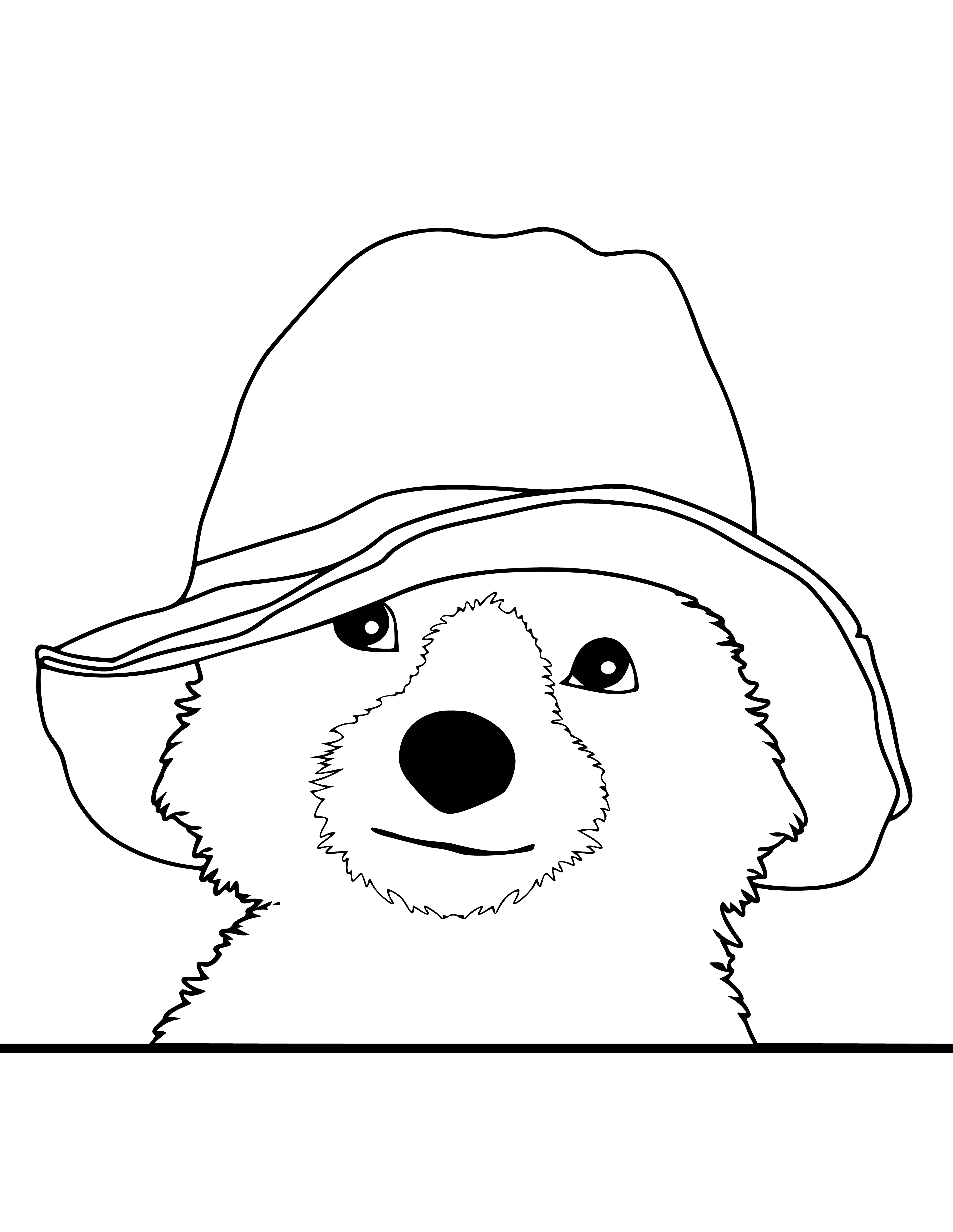 coloring page: Paddington Bear is a brown bear with white face, blue coat, and red hat. He carries a suitcase in his left hand.