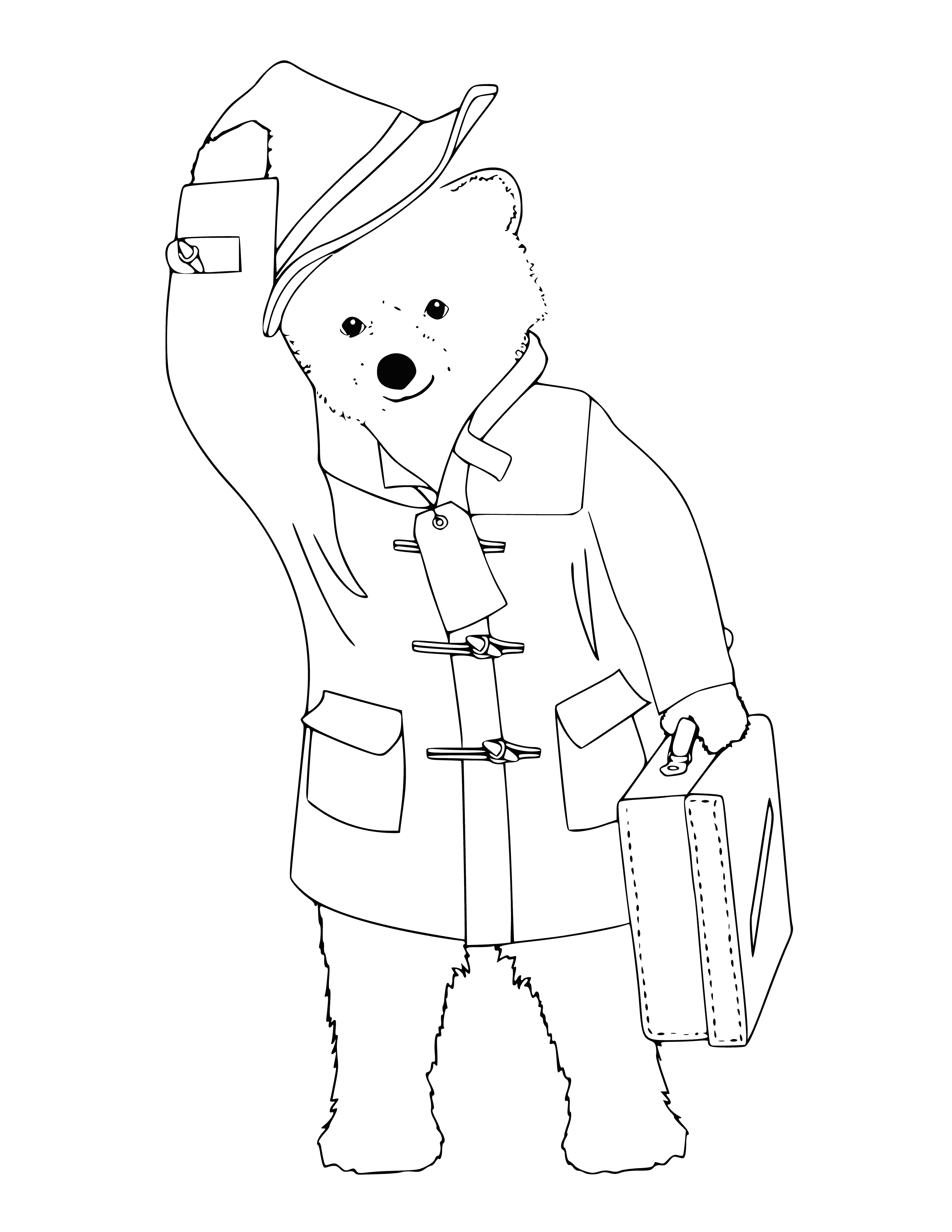 coloring page: Paddington Bear arrives to London from Peru, politely bringing the Brown family strange surprises.