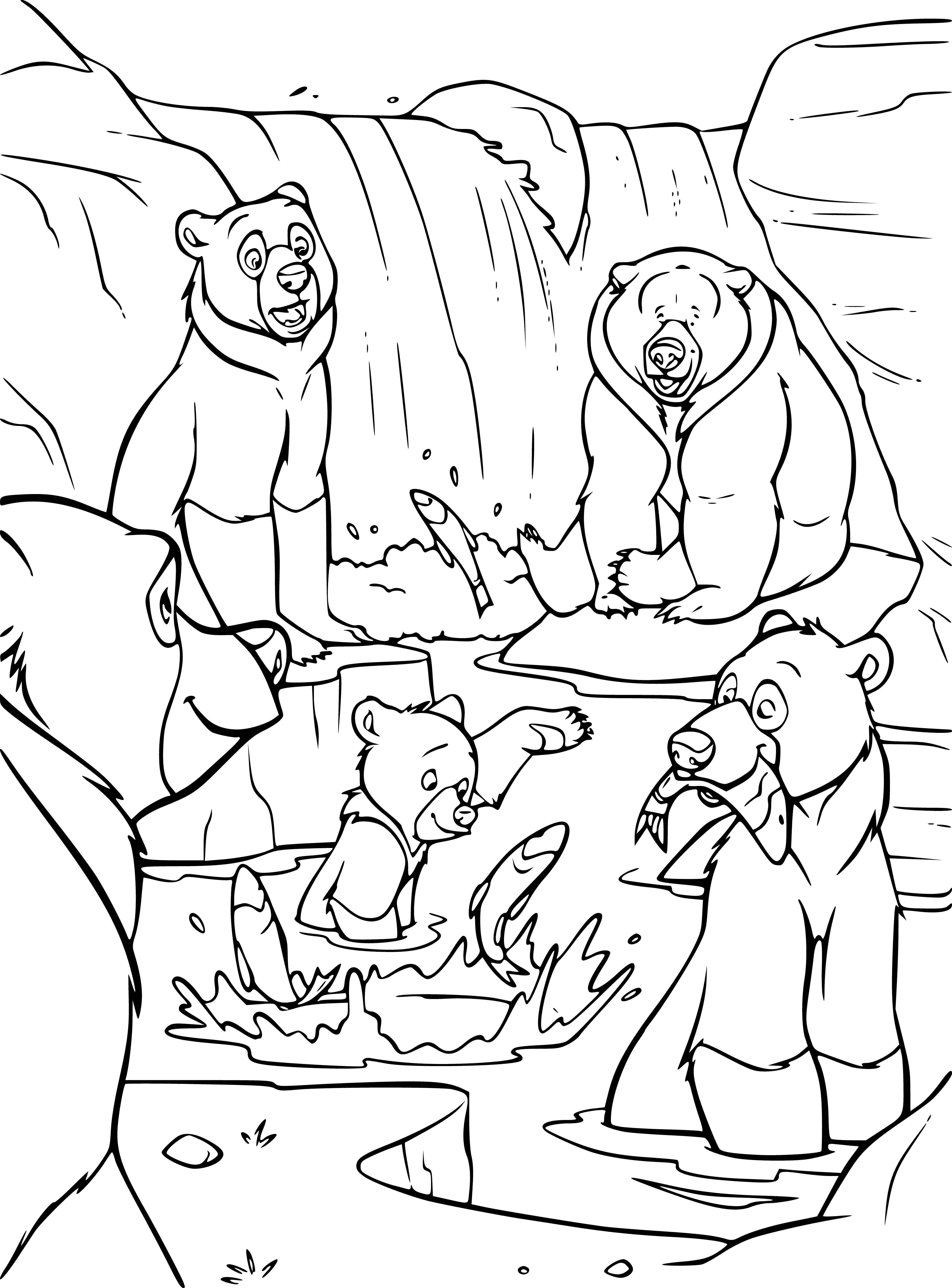 coloring page: --> Three bears at center - brown in middle, white on both sides. Brown bear wearing blue scarf, trees and blue sky in background.