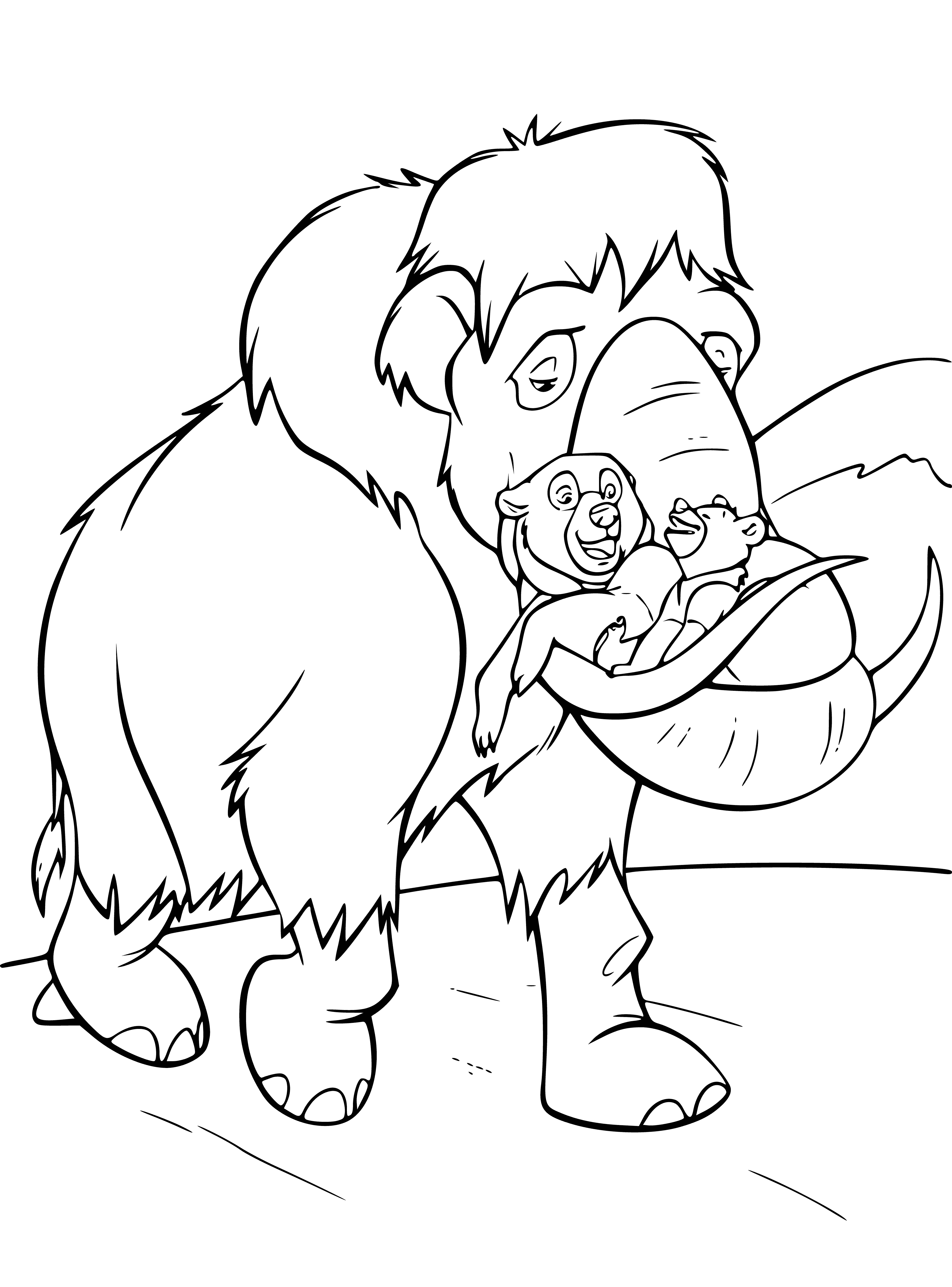 coloring page: Large six-legged furry creature carries two smaller four-legged ones with pointy ears, hugging. Brown and light-colored coats.