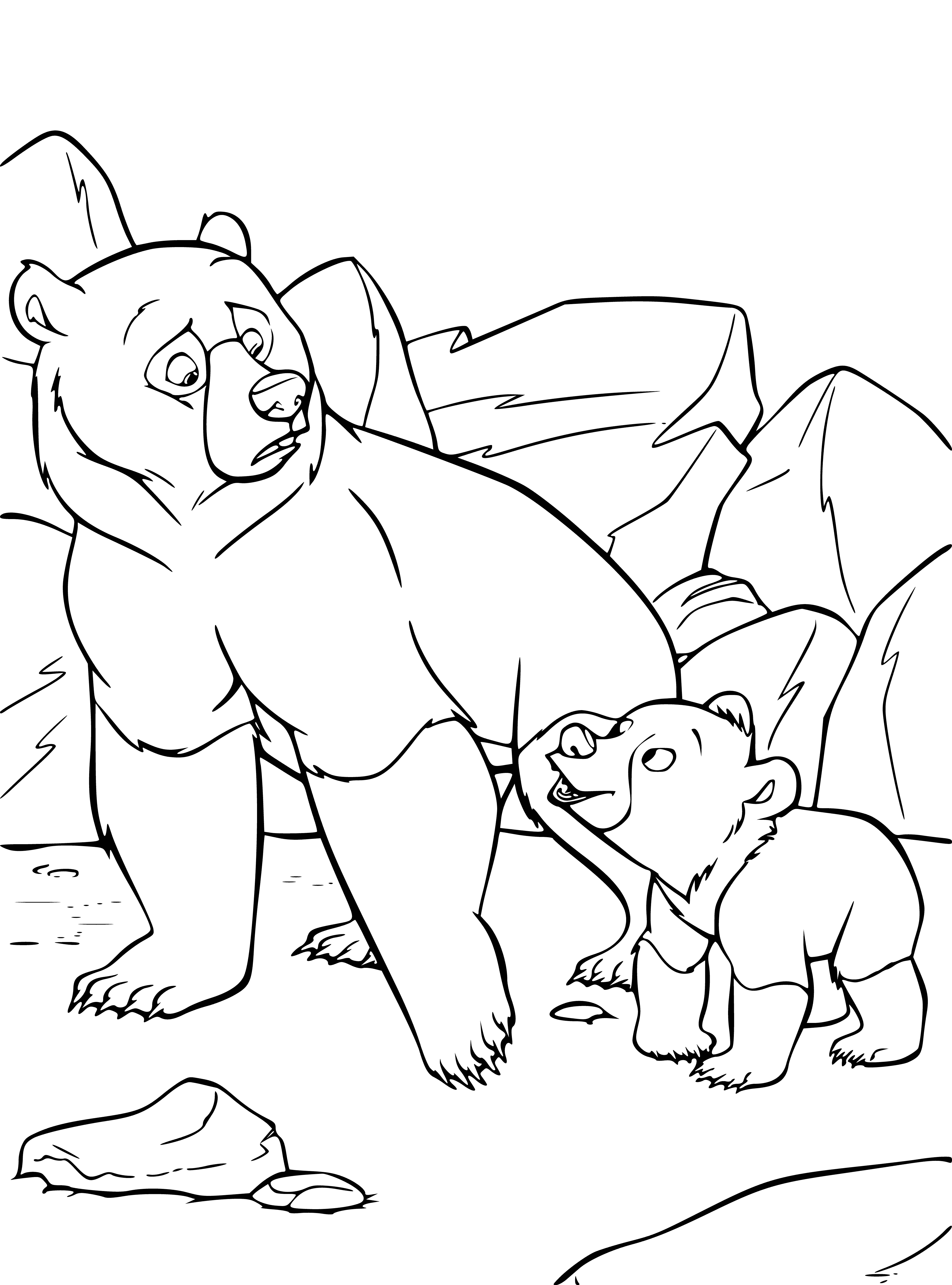 coloring page: A large brown bear fishes in a river with its paw, a cub on its back holding its fur. #AnimalParents