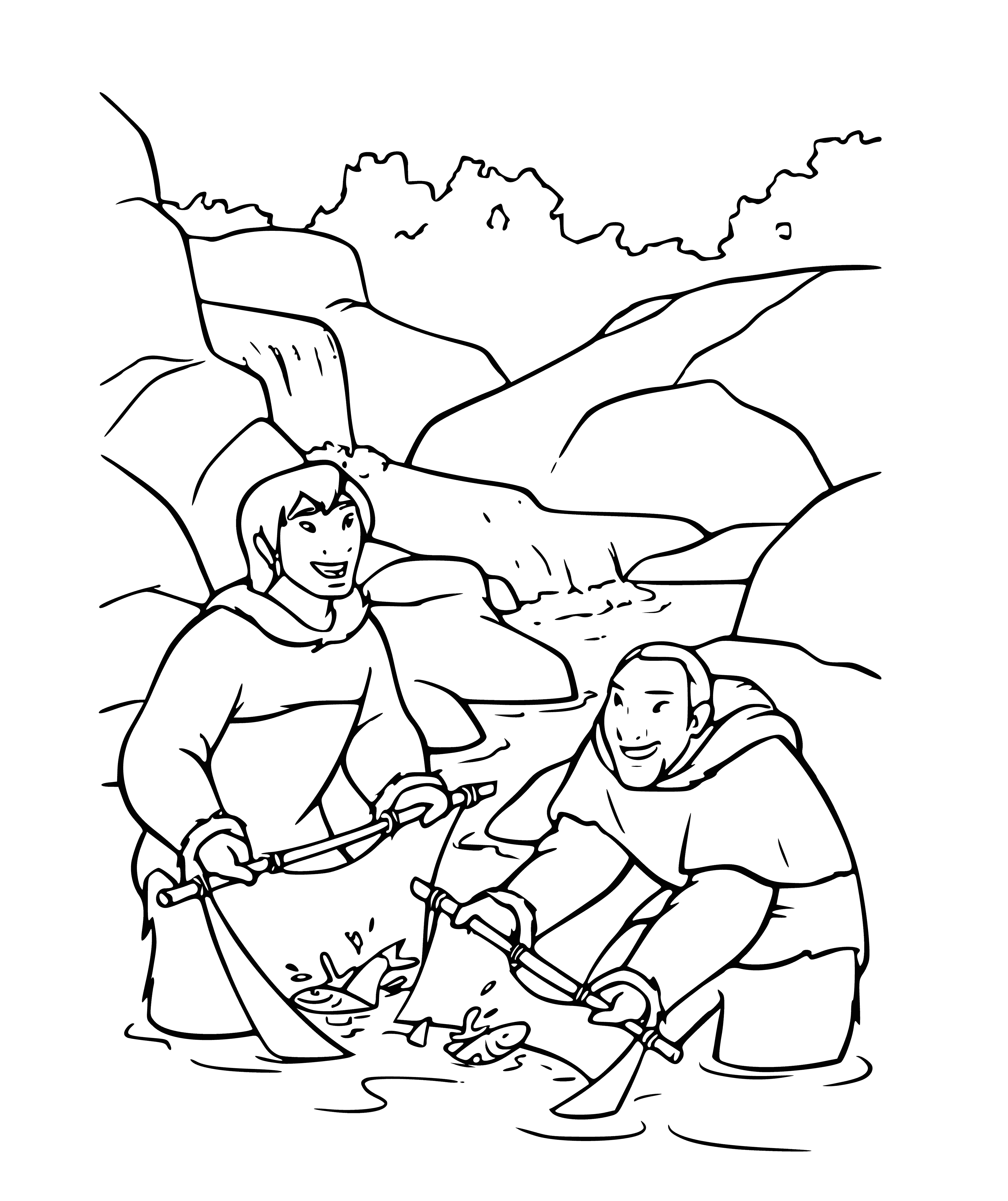 coloring page: Kenai and brother wearing white fur pelts; Kenai has spear and brother is pointing at something in the distance.
