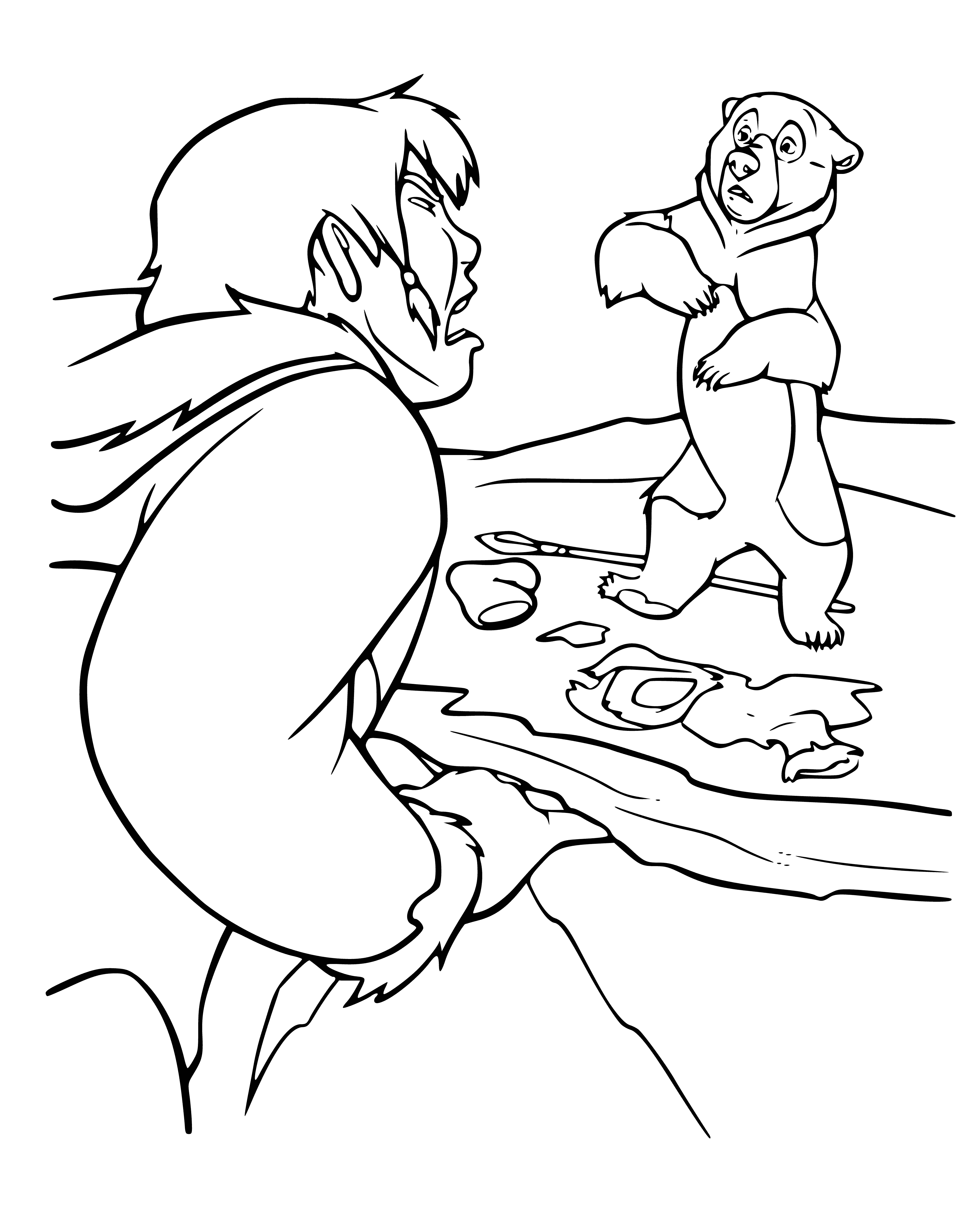 coloring page: Kenai turns into a bear with dark fur, mid-step, looking off into the distance in a coloring page.