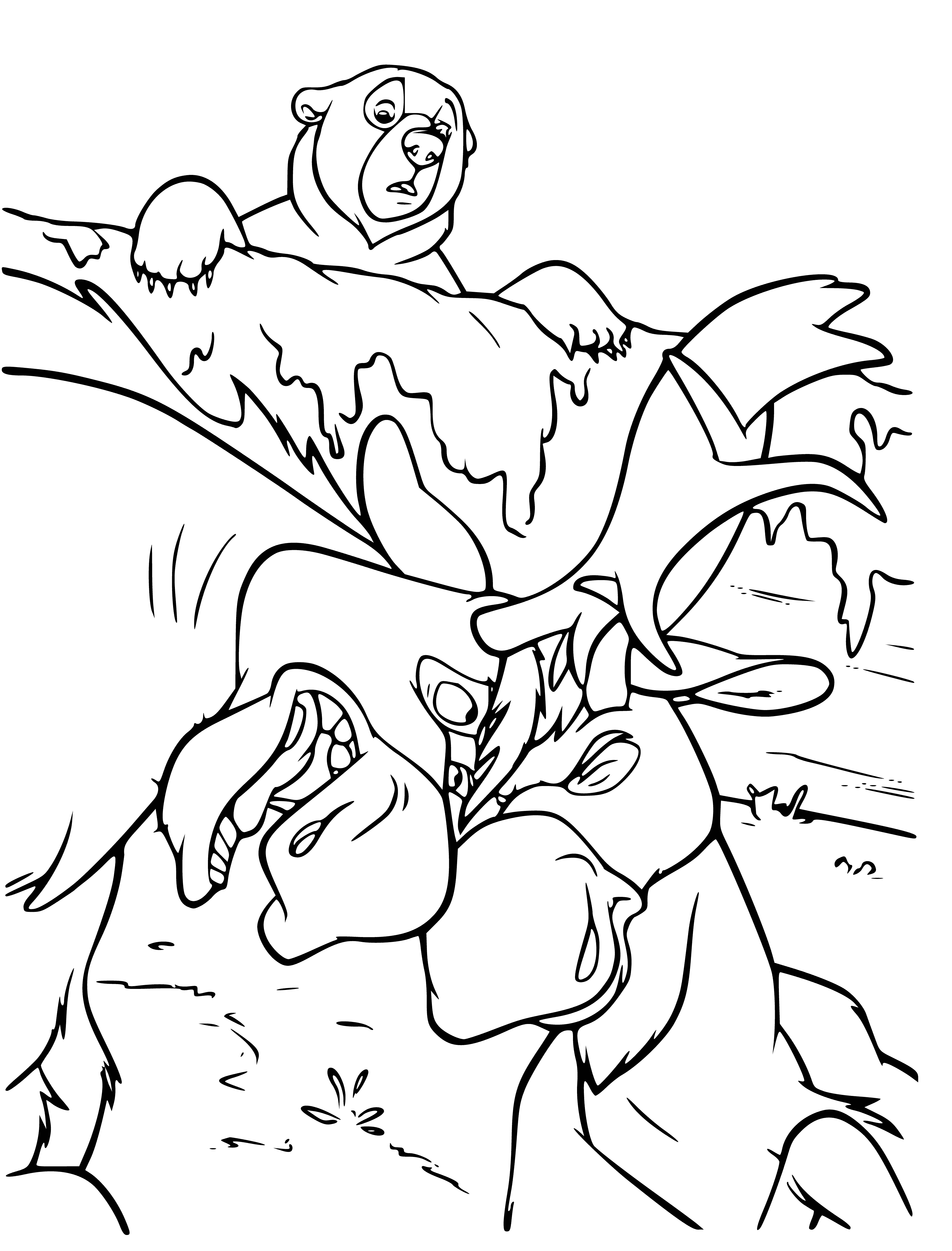 coloring page: Two brown bears stand in front of a tall mountain with a stream, sky is blue and clouds at top.