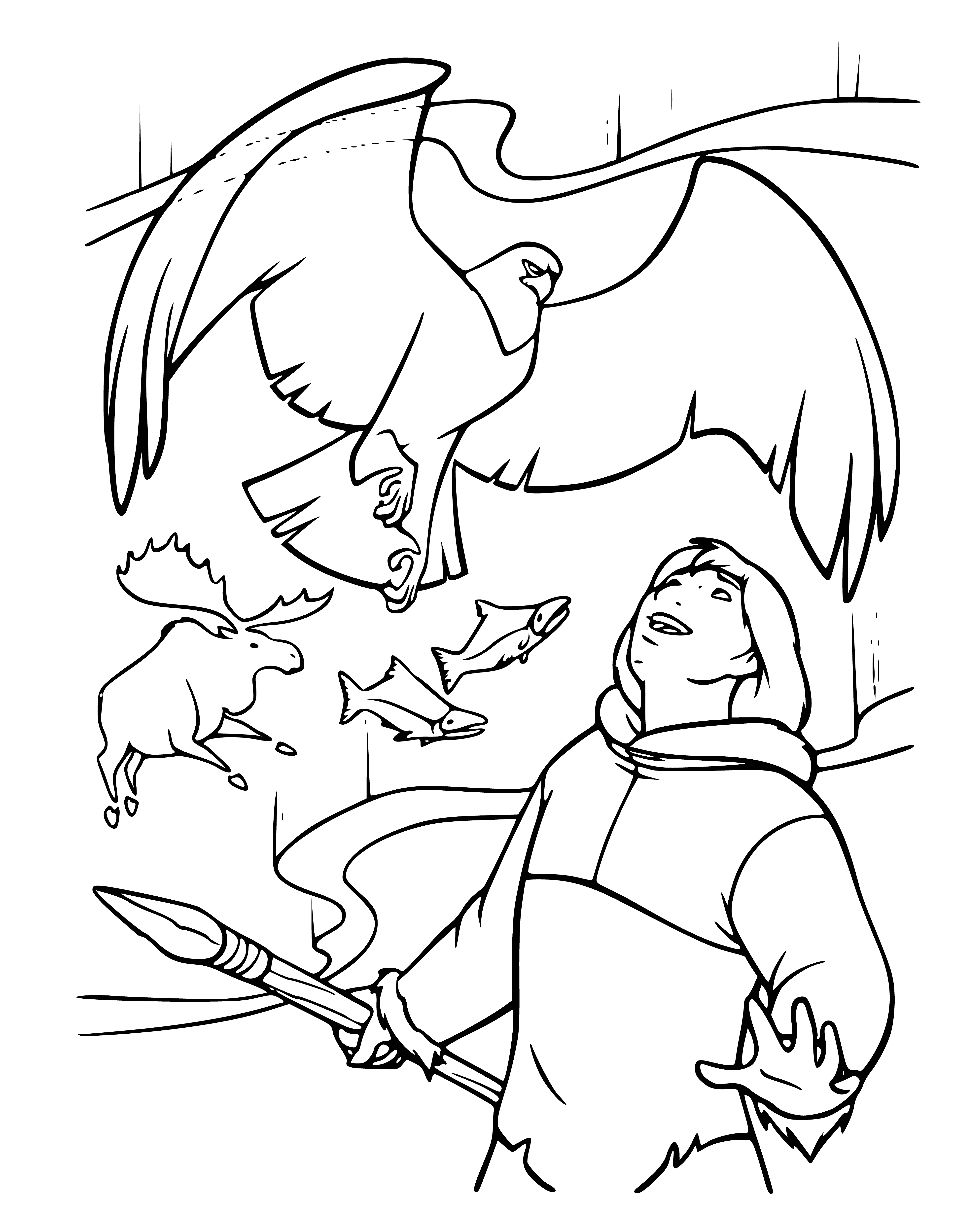 coloring page: Large orange bear stands on cliff, holding drum. Red scarf & 2 birds on back. Blue sky with white clouds above.