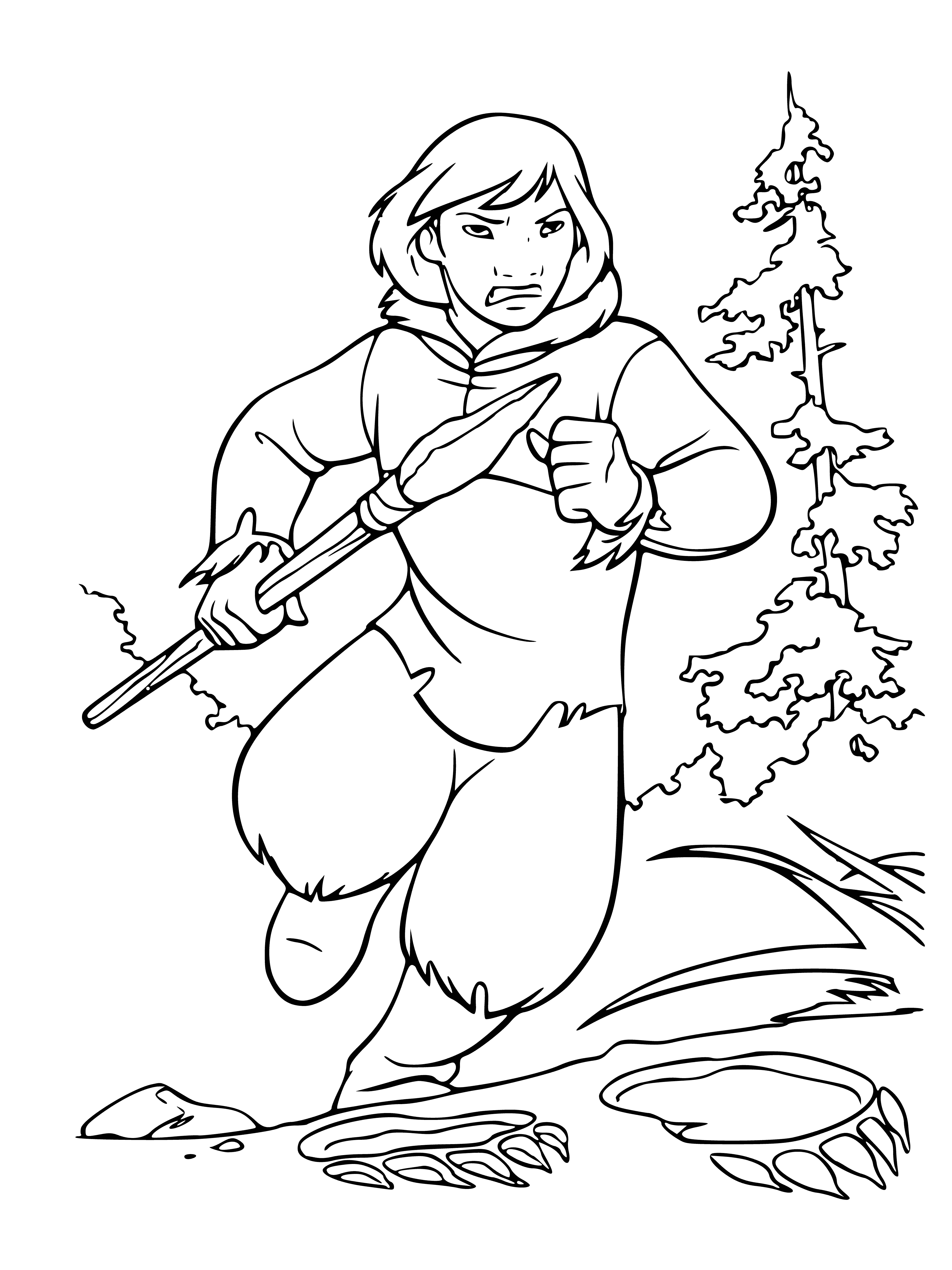 coloring page: Hunters on horseback chase a large bear through the woods, all armed with spears, ready to kill.