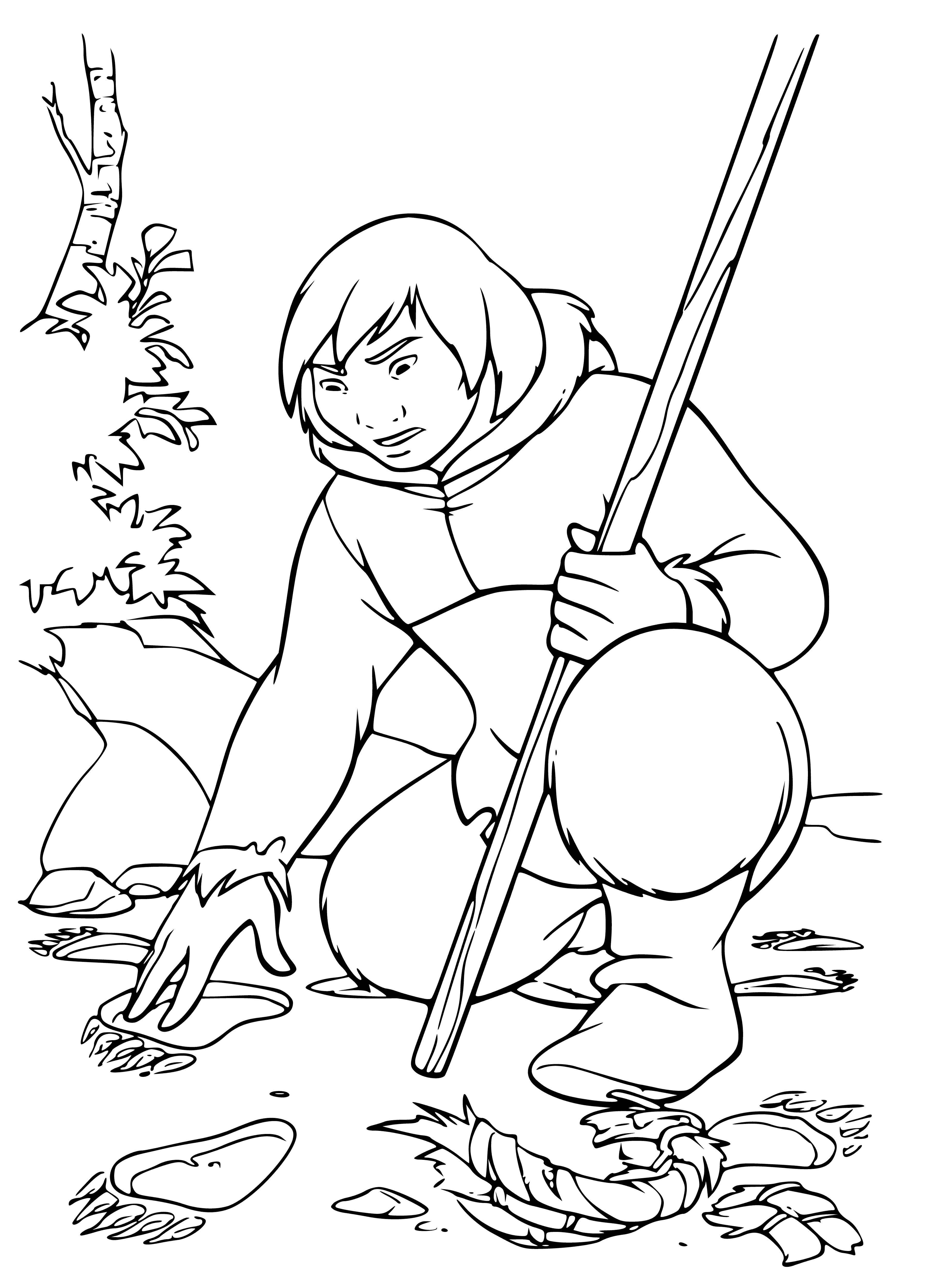 coloring page: Two Native American kids play in snow, laughing & happy. Boy wears blue coat, girl white dress. Both are barefoot. #Family #WinterPlaytime