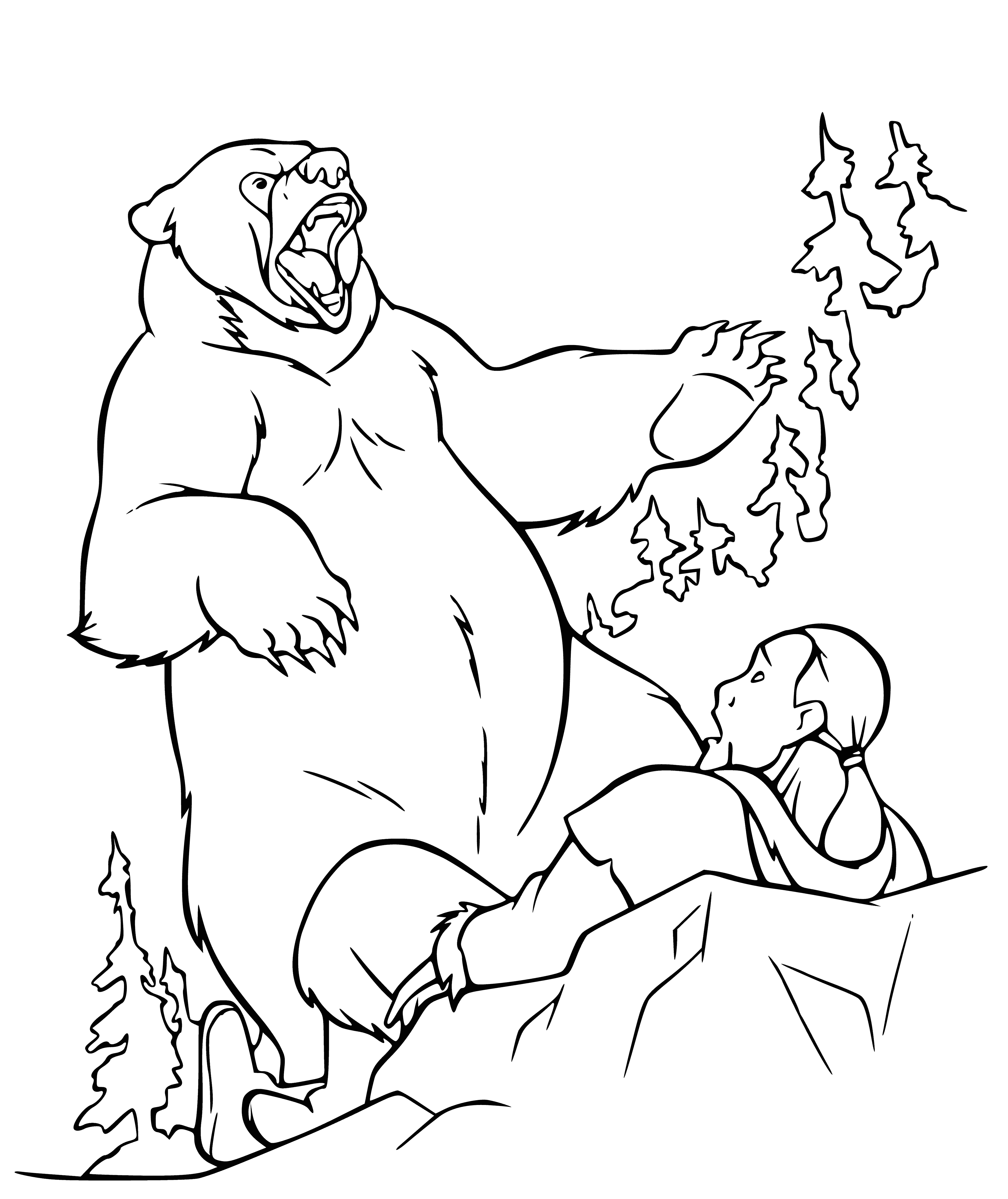 coloring page: Person defends themself from large attacking bear, lying on the ground with arms up.