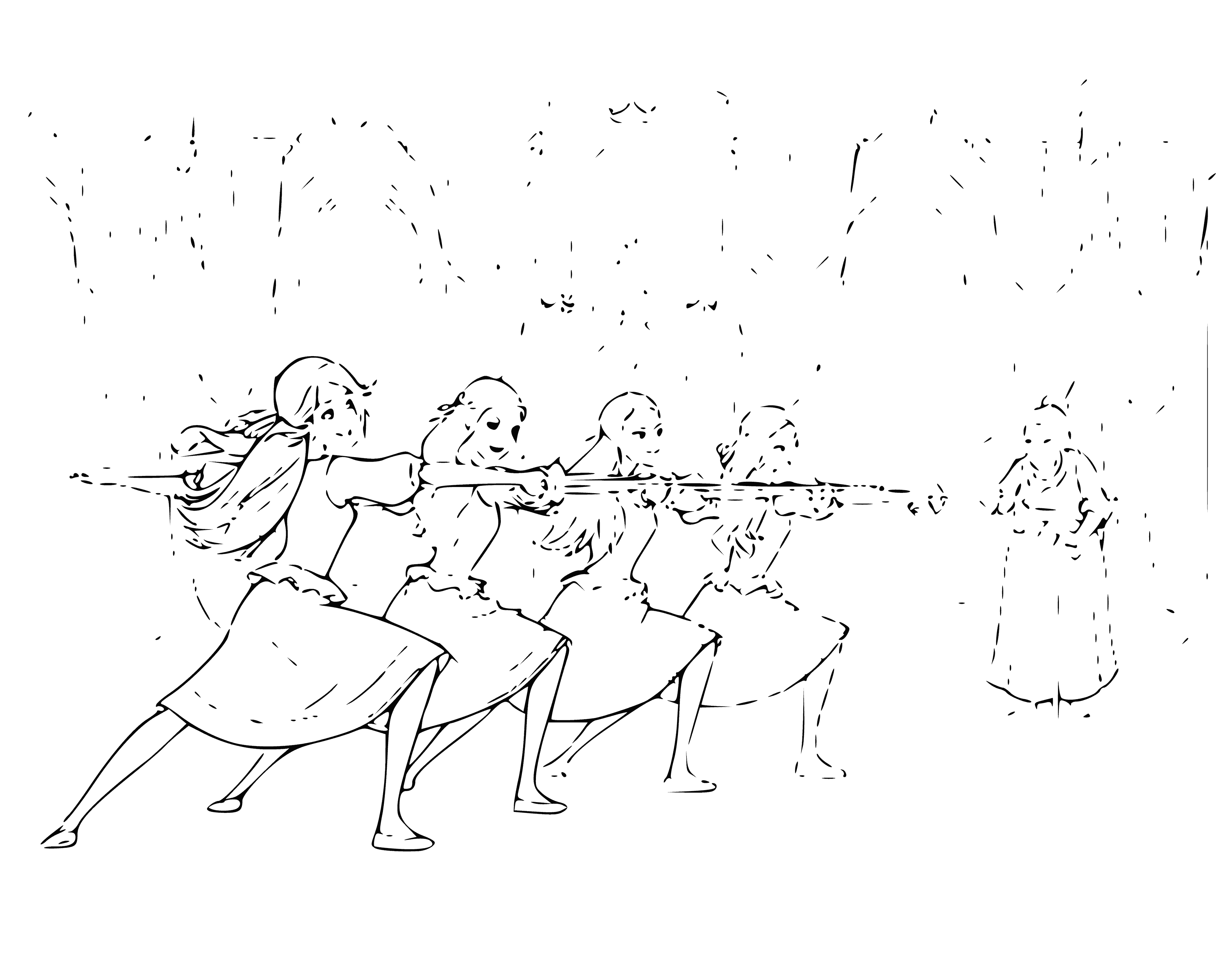 coloring page: 3 girls fencing in musketeer outfits w/ swords, flag & tall hats, standing in a grassy field w/ trees in bg.