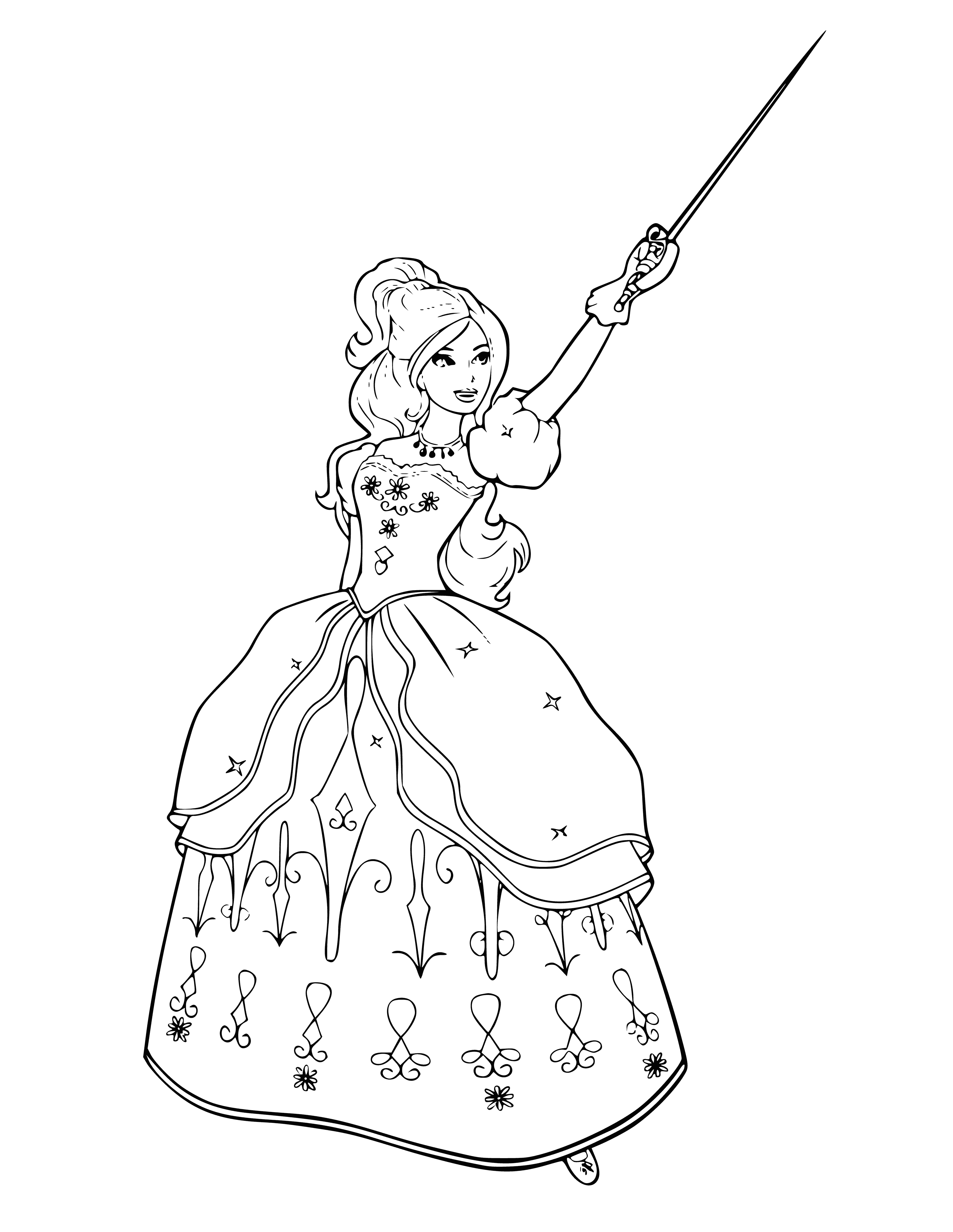 coloring page: Barbie Musketeer has a light brown ponytail and is wearing light purple shirt, dark purple cape, gold belt, purple skirt & brown boots, and holds a golden sword.